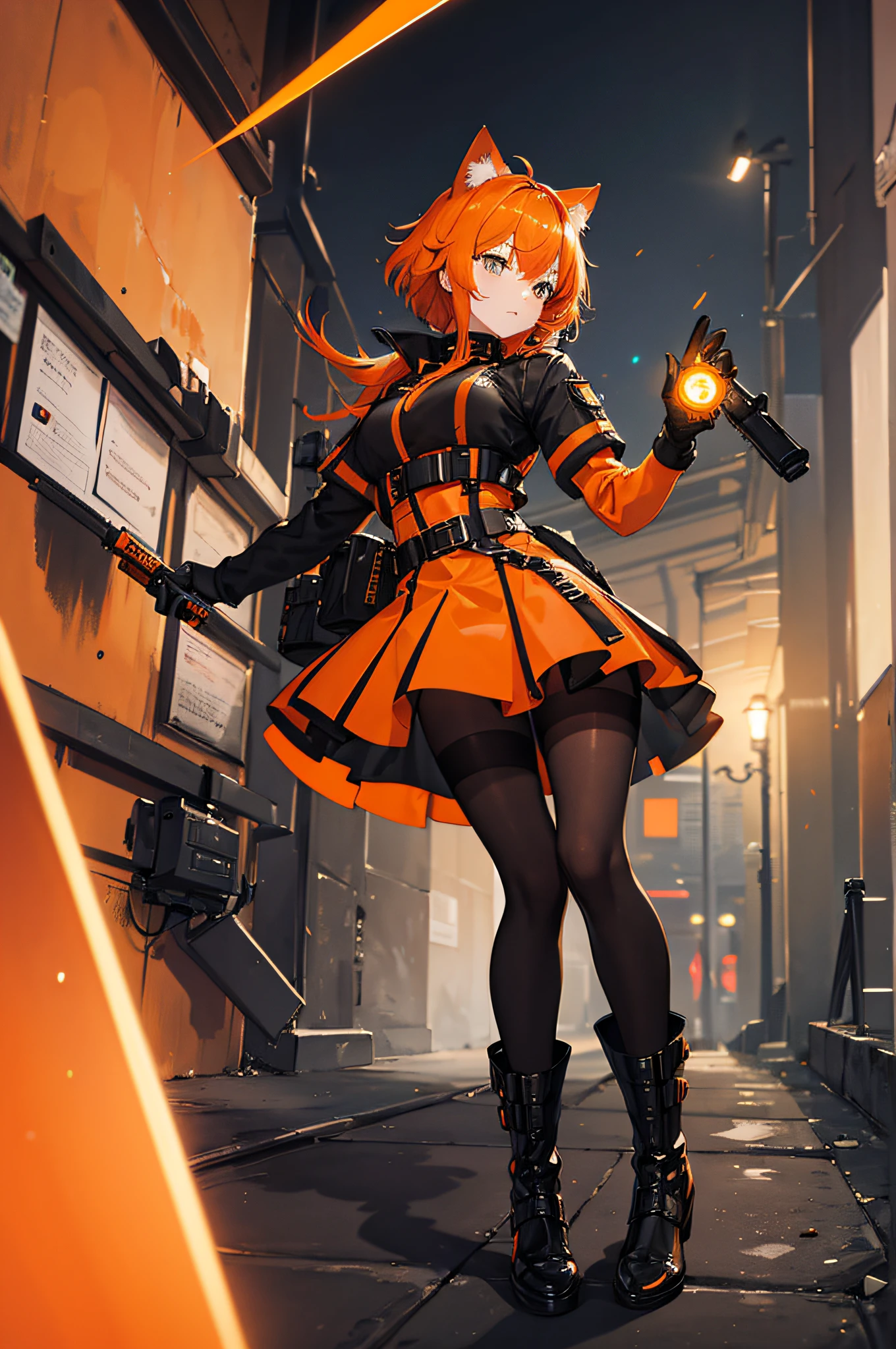 4K,hight resolution,One Woman,orange color hair,cat ear,Black Military Dress,Orange skirt,Black pantyhose,Black boots,Black leather gloves,Pistol in the right hand