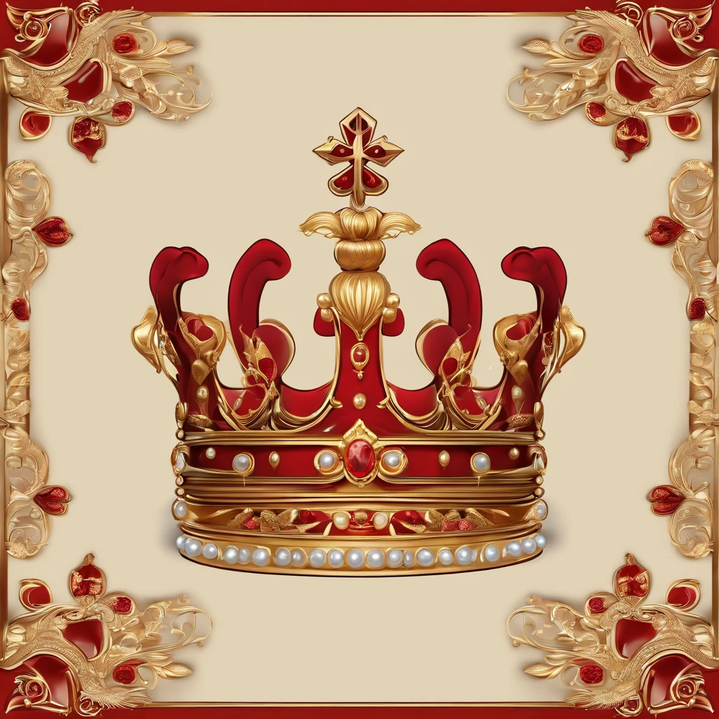 Dark skin tone solid color background,Crown still life,Golden crown+The middle is inlaid with fancy English M letters+Red velvet fabric+Colored gemstone and pearl decoration,photorealistic illustration,Tattoo pattern style illustration,Bold outline style,Smooth edges, Gorgeous core, Light shadows,超高分辨率