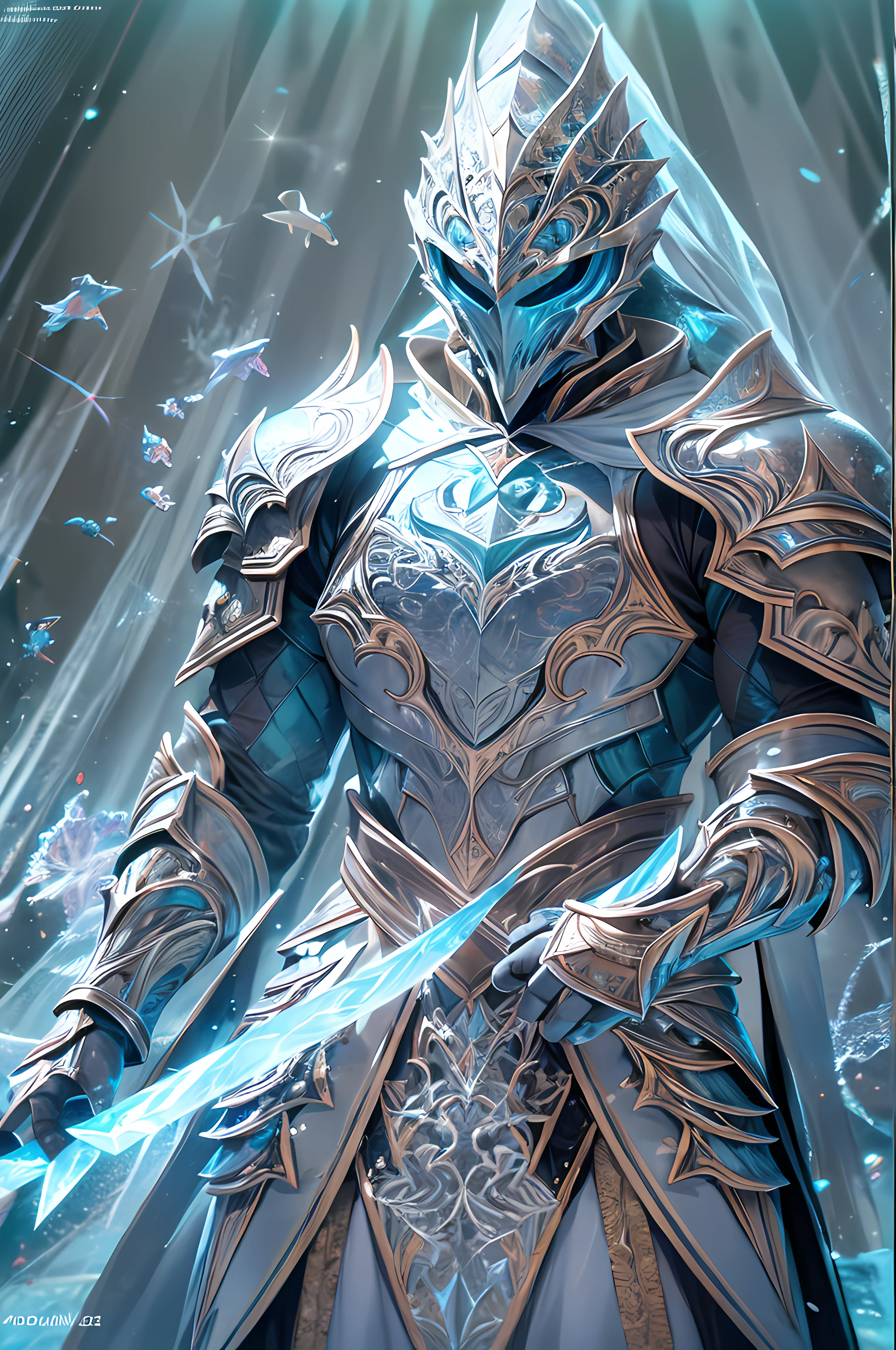 Ice knight, fine armor, intricate design, ocean blue details, silk, cinematic lighting, 4k, floating hair, sharp, prism, shining knight