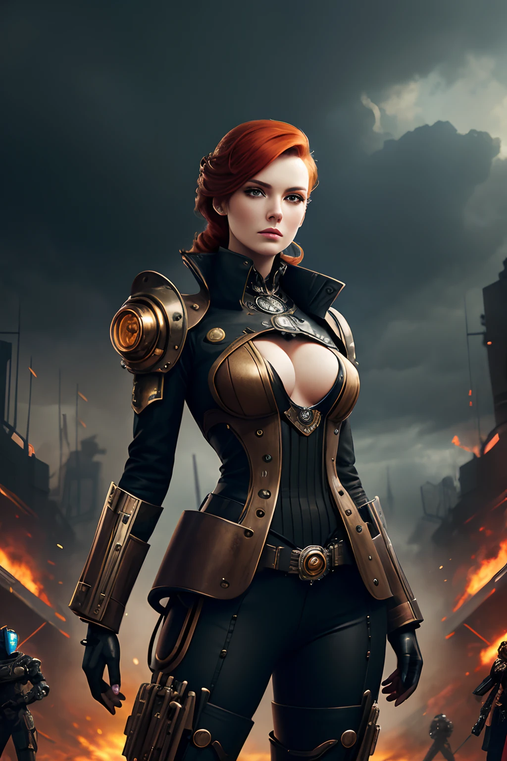 there is a woman standing in front of a group of robots, steampunk male portrait, compositing, beautiful android woman, stormy and grand war scene, inspired by Richard Avedon, a black dieselpunk , redhead woman, girl in suit, intricate fashion clothing, beautiful female soldier