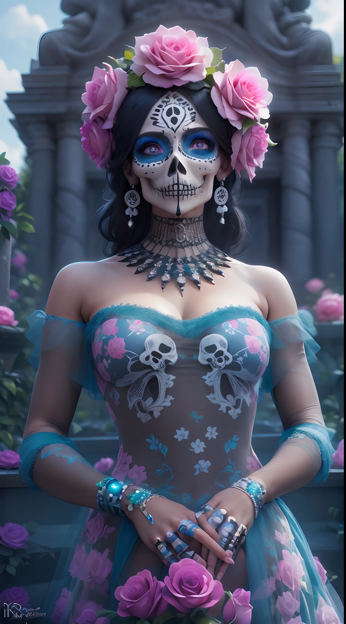 motor irreal:1.4,UHD,La mejor calidad:1.4, fotorrealista:1.4, textura de la piel:1.4, obra maestra:1.8,Beautiful Woman with Pink Day Sugar Skull Death Makeup, lindo,Day of the Dead Mexico,(Skull Cemetery Fund:1.4),( detailed:1.4),( cabello largo azul:1.4),(manos:1.5),(vestido corto negro:1.4), (corona de rosas:1.4),catrina:1.4,8k, 。...............................3D, realista, Ultra Micro Photography, of the highest quality, Super detalle CG Unity 8k,Cara perfecta