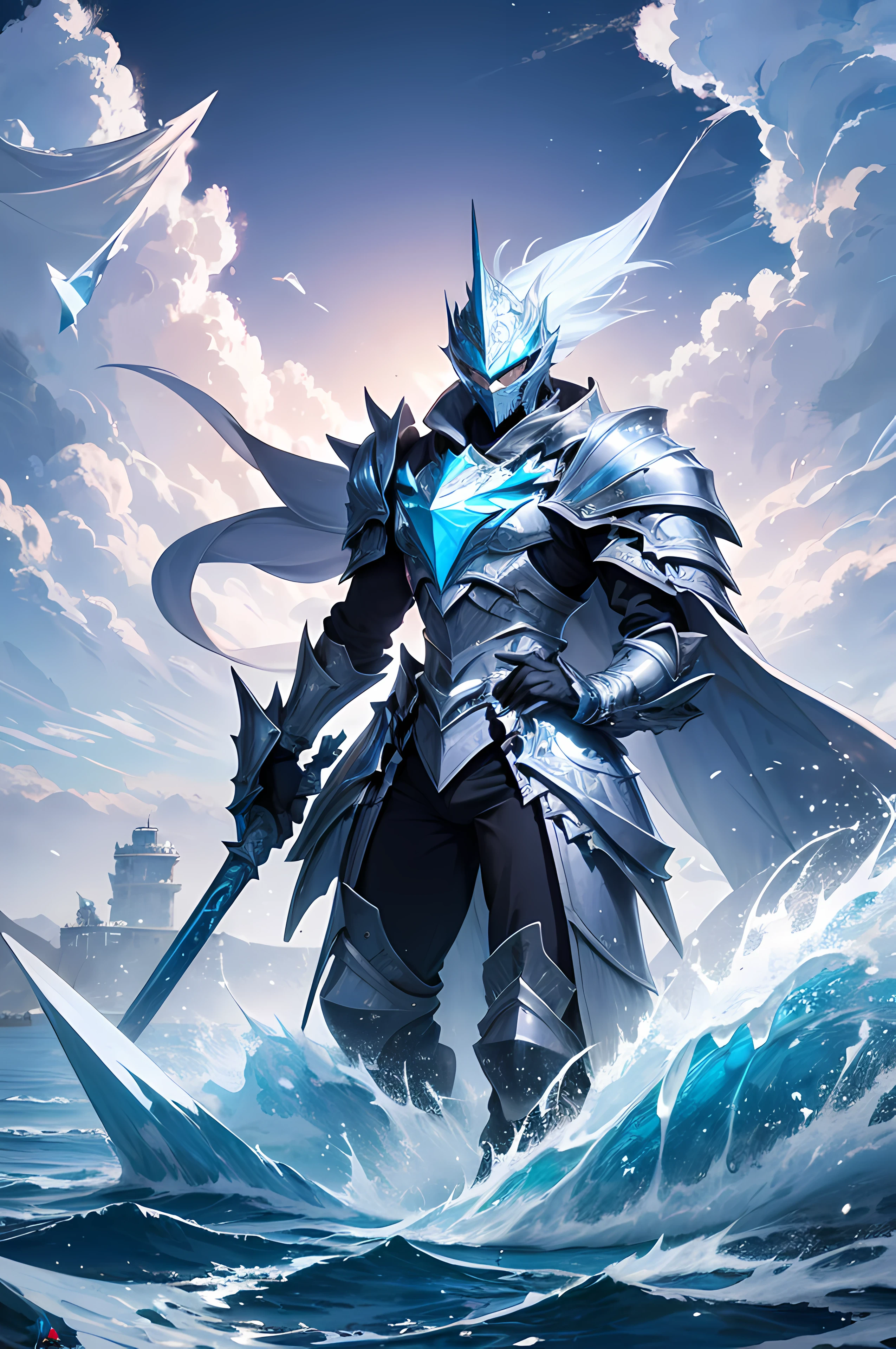 Ice knight, fine armor, intricate design, ocean blue details, silk, cinematic lighting, 4k, floating hair, sharp, prism, shining knight