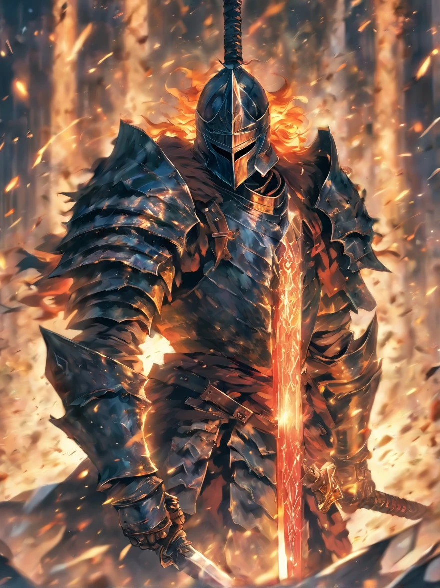 illustration knight holding giant sword, atacando com espada colossal