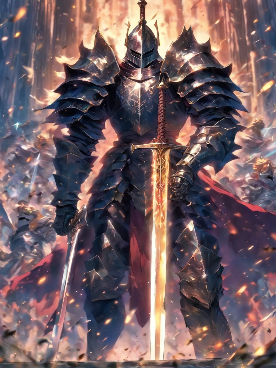 illustration knight holding giant sword, atacando com espada colossal