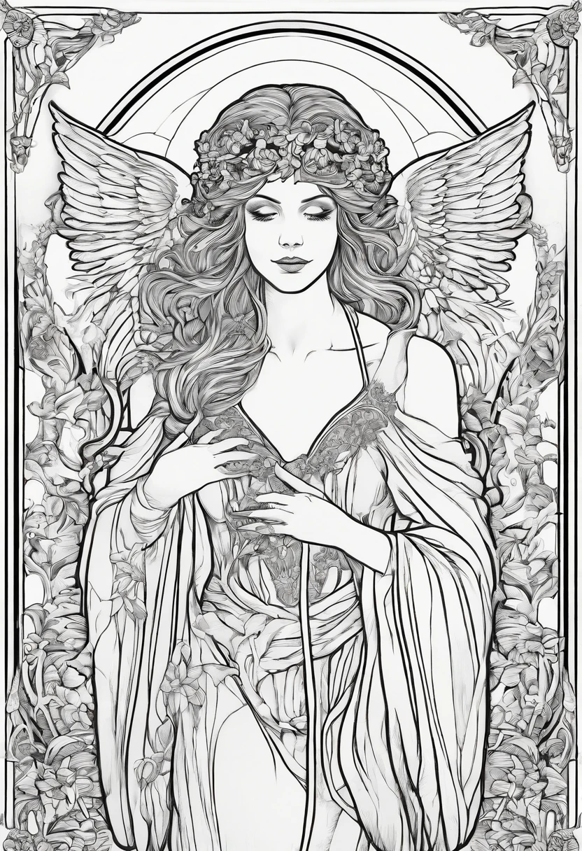 Blindfolded female angel of death, in the style of a coloring page, clean line art, clear line art, thick outline, white background, black and white, no color, coloring book page, coloring page, line art, in the style of horror