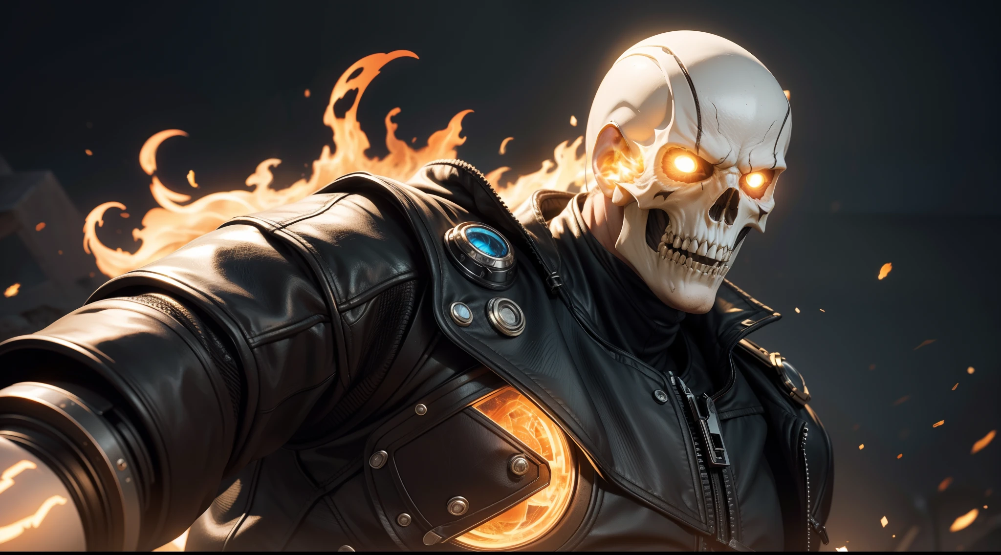 Absurd, high resolution, super detailed, official art, unified 8k wallpaper, super detailed, beautiful and aesthetic, Obra-prima, best quality, short white hair, dark skin, horns on the head, handsome boy, skull face, chest muscles, abs, tattoos, flame, glowing red eyes