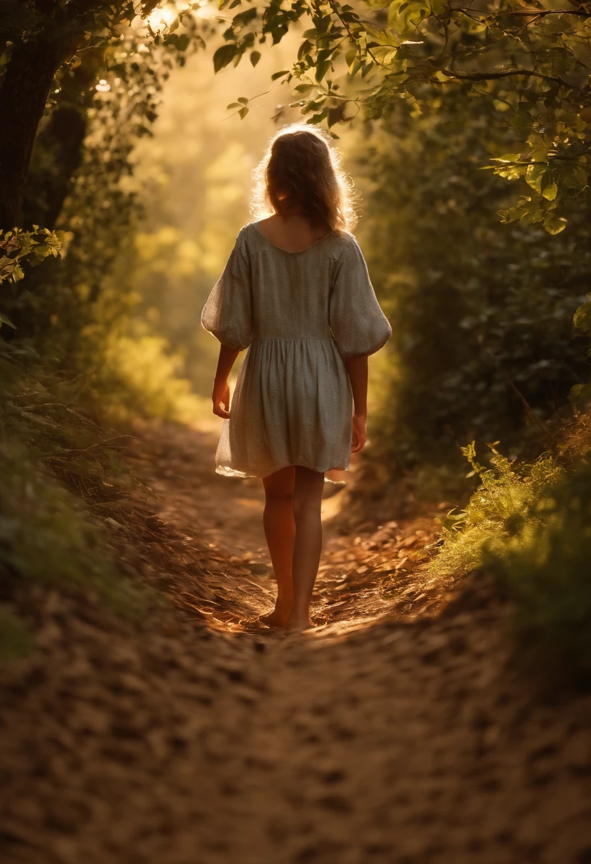  girl walking alone in dense forest on mountainside at sunset, Walking barefoot in coarse linen clothes. The path is dotted with twigs and fallen leaves. Please generate a photo from the front view as she walks towards me. (Best Quality,4K,8K,hight resolution,masutepiece:1.2),Ultra-detailed,(Realistic,Photorealistic,Photorealsitic:1.37),nffsw,nffsw,Studio Lighting,Ultra-fine painting,Sharp Focus,Physically-based rendering,extreme detail description,Professional,Vivid colors,Bokeh,Portrait,landscape,Serene,Soft pastel colors,gentle sunlight
