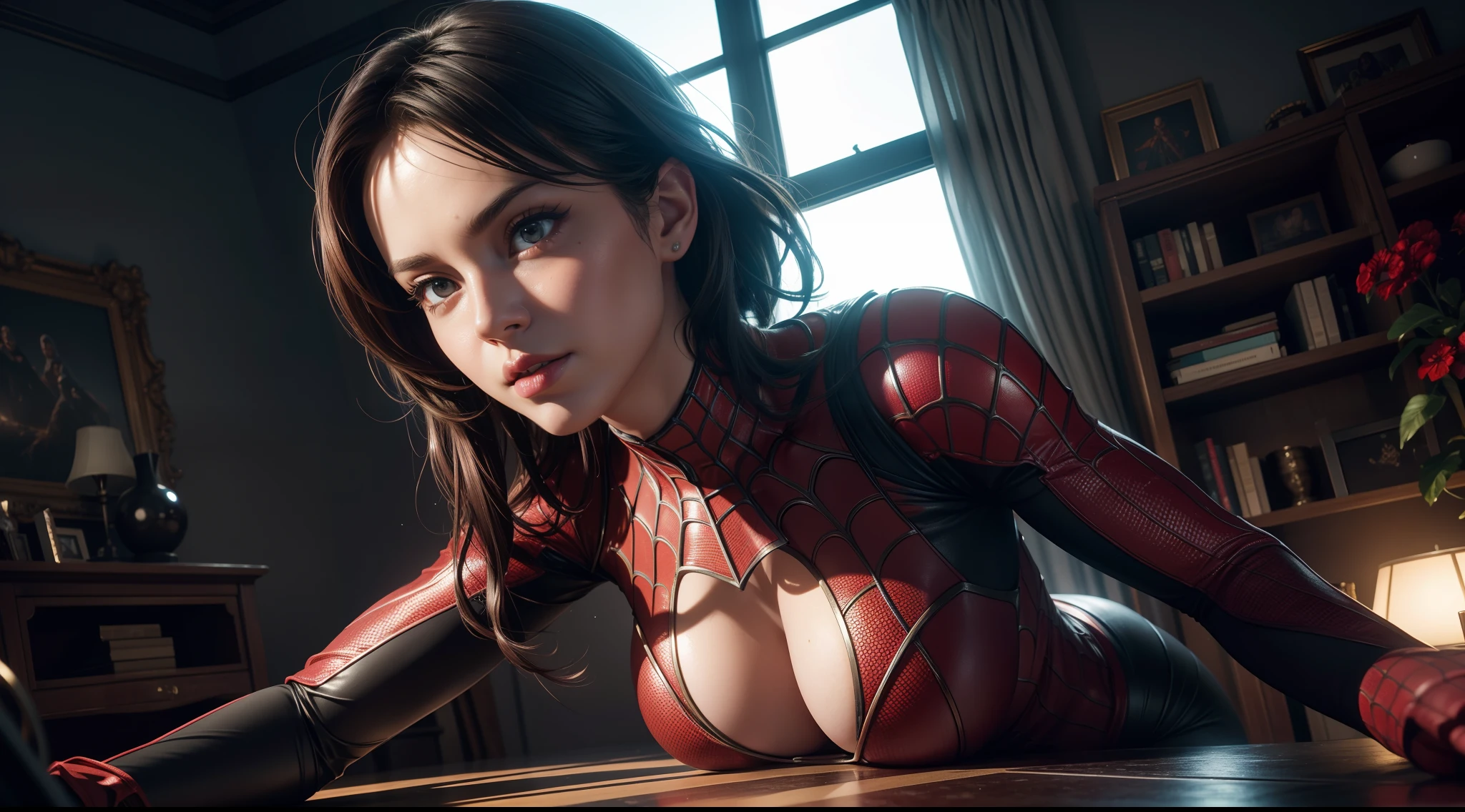 Sexy spider girl (tetas grandes) от Marvel Comics, CGI with clear focus, Photorealistic, high detail, Realistic, Masterpiece, absurdress, Best Quality, HDR, hiquality, hight resolution, Extremely detailed, 8k wallpaper, intricate details, 8K UHD, Full-HD, (foto realista:1.2), Contrast, sharp lighting, Cinematic lighting, natural lighting, hard light, Backlighting, Global Illumination, Environment Occlusion