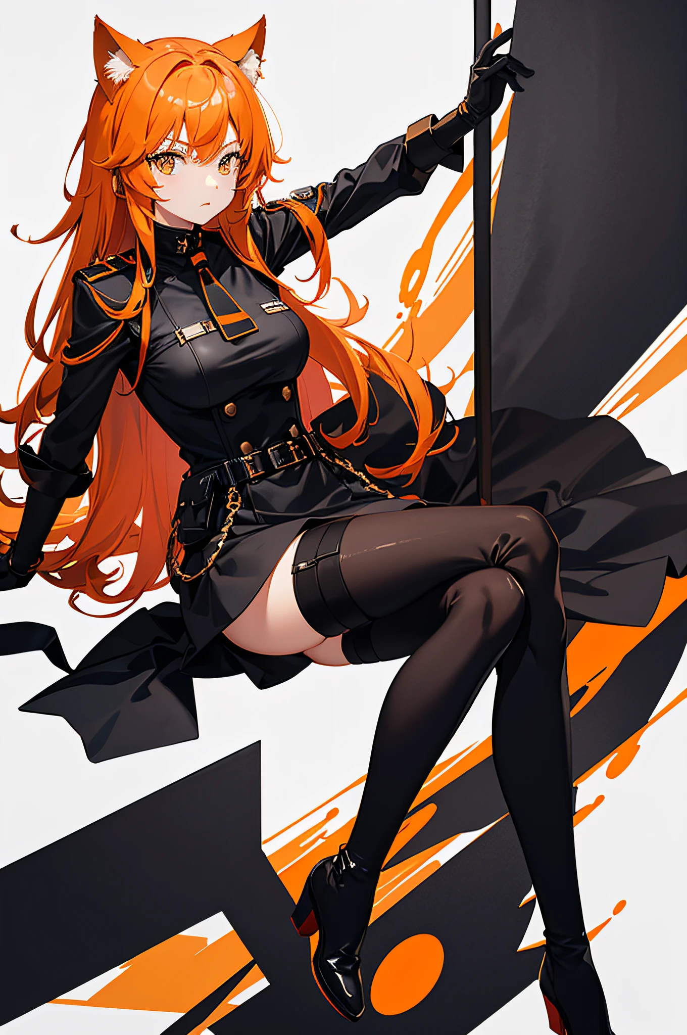 4K,hight resolution,One Woman,orange color hair,cat ear,Black Military Dress,Orange skirt,Black pantyhose,Black boots,Long leather gloves in black color,with a pure white background