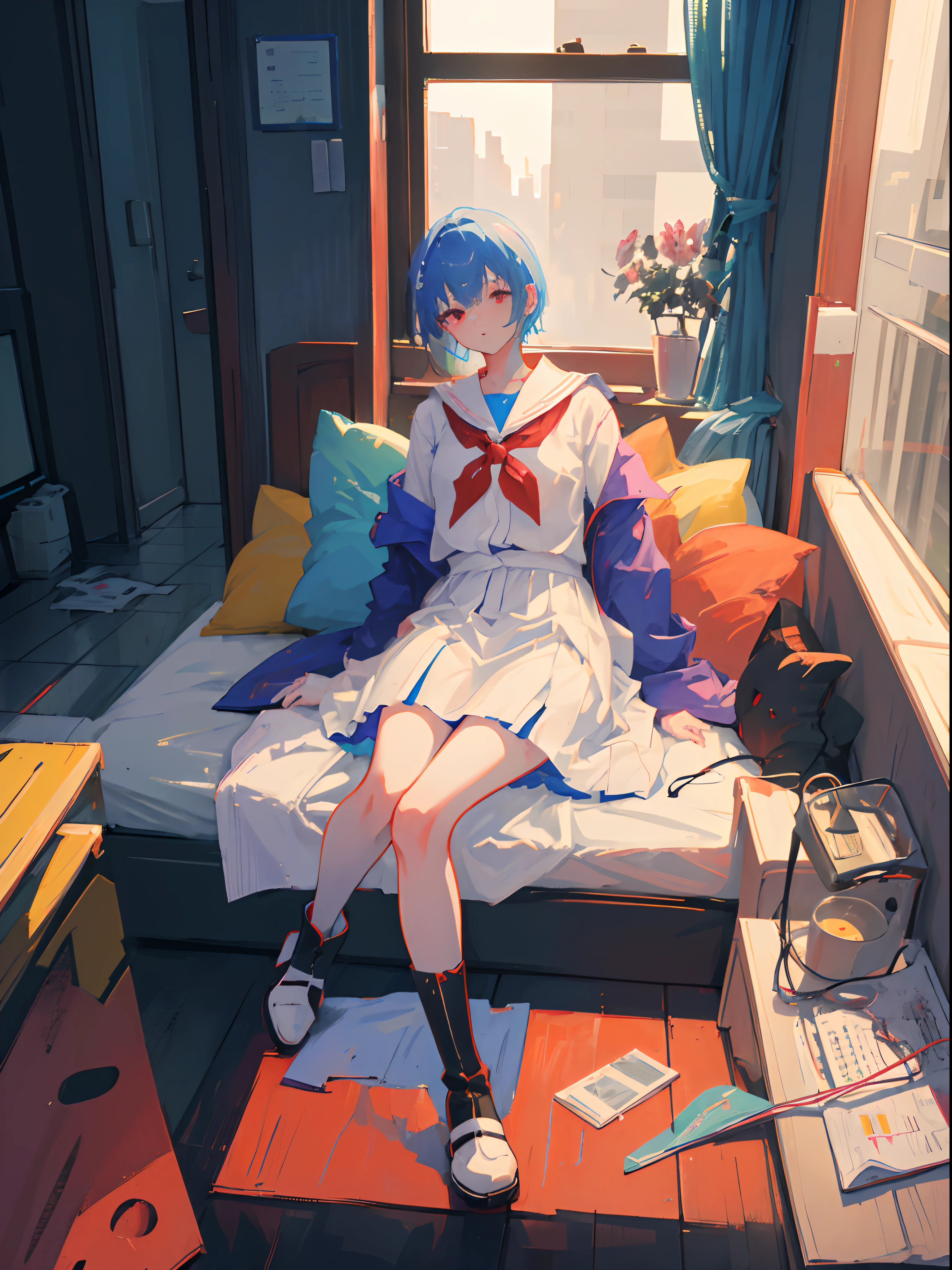 1girl, short blue hair, red eyes, wearing white japanese uniform, red chess texture skirt, leather high heel shoes boots, black stockings, she's getting out from her room desperately, she's on the right side of the screen, she is messed up, high view angle, she's trying to put on shoes without seeing, in the background we can see her room, it contains a bed, a computer turned on, a window behind the computer and a closet, above the bed there's a cat, it is sleeping, show almost the whole body, she's look concerned(facial exprecion), she's with a toast in her mouth, oil pastel painting,she is near the door, absurdres, high res, ultrasharp, 8K, masterpiece, full details, artstation, sun rising, the view is from above, good composition, looking at viewer