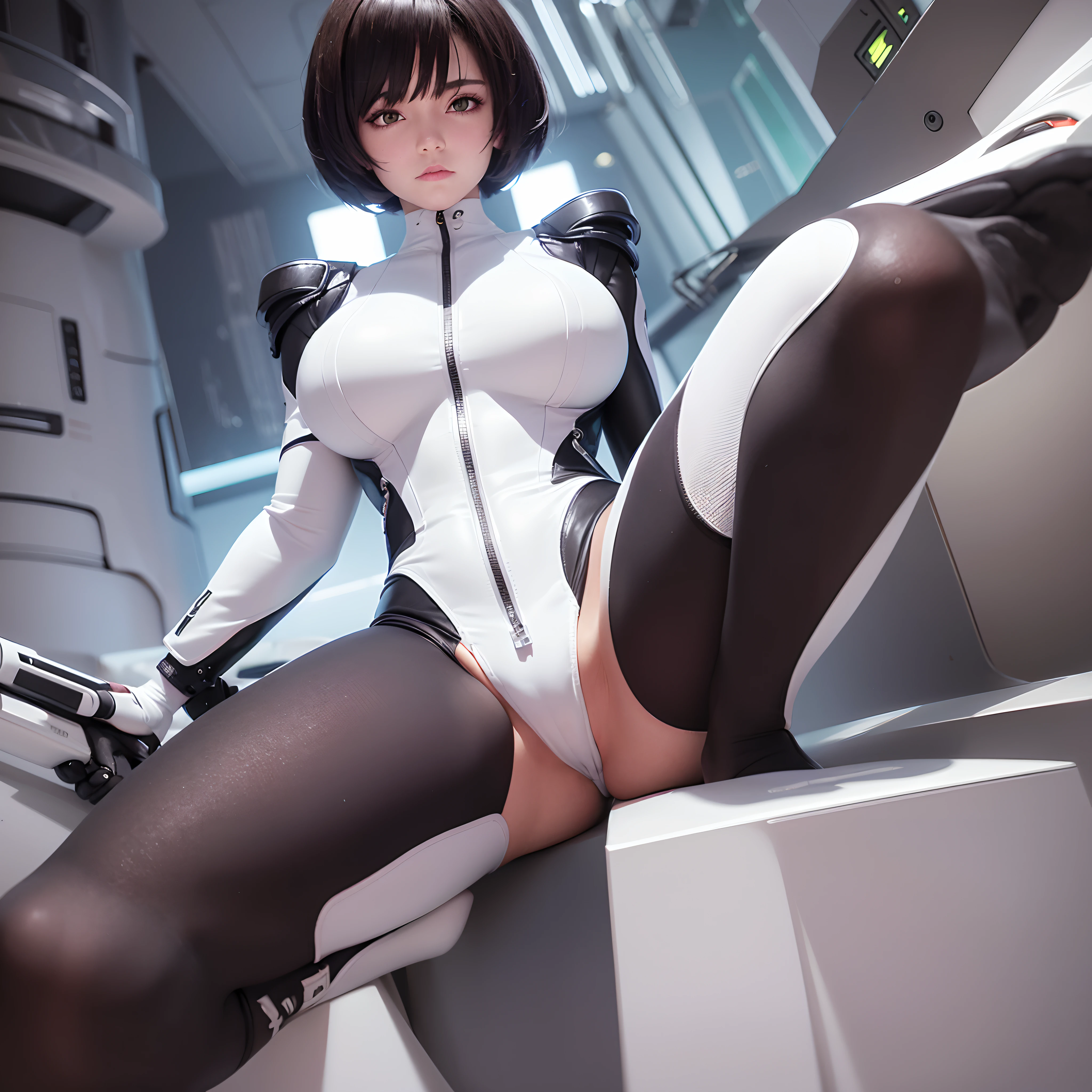 Solo 18 year old girl, short black hair purple tipped, full body, futuristic white and gold catsuit, cut paneled, green eyes, seductive, futuristic Cityscape, raining, spread legged, camel toe, visible nipples, (realistic face, hair, eyes)