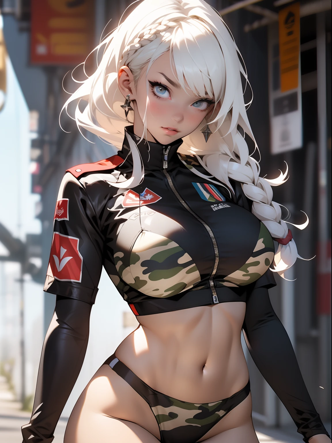 ((Best quality)), ((Masterpiece)), (Detailed: 1.4), (Absurde), A female fighter pilot ready for war in a military bikini, marin, dark skinned, slim body defined, corps entier, Cuisses nues, mouth closed,  Cyberpunk, half-naked, generous neckline, ((Perfect huge breasts)), (Yeux bleu clair super clairs sans pupilles), (((Bikini camouflage militaire)),  (((cheveux blancs avec tresse)))), longs cils maquillage lourd, porte-jarretelles, jumeler beaucoup, niji --V5, close to real, psychopathe, visage parfait, sexy pose, Background city, 2 piece clothes, , scale to suit dimensions, Hdr (High Dynamic Range),Ray Tracing, NVIDIA RTX,Super-Resolution,Unreal 5,Dispersion souterraine, PBR Texture, Post-traitement, Filtrage anisotrope, profondeur de champ, Maximum Clarity and Sharpness, Textures multicouches, Albedo and specular maps, Ombrage de surface, Accurate Simulation of Light-Material Interaction, Proportions parfaites, Rendu octane, two tone lighting, Grande ouverture, ISO faible, Balance des blancs, Rule of Thirds, 8K RAW, Crysisnanosuit Bikini, thigh gap, belles hanches,