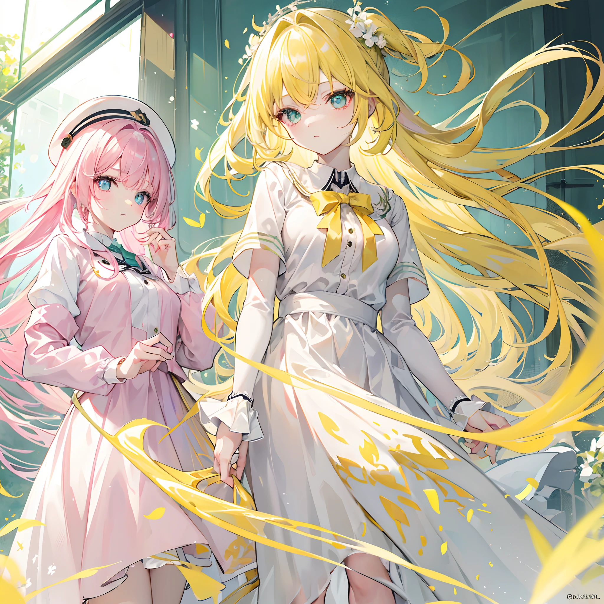 Glowing pale greenish-yellow hair and delicate pink pupils,Glossy,School uniforms in pink, yellow and white,Glowing,Sweet sweet girl girl,The whole is shining,It looks very gentle,The face is moist,Very delicate beauty