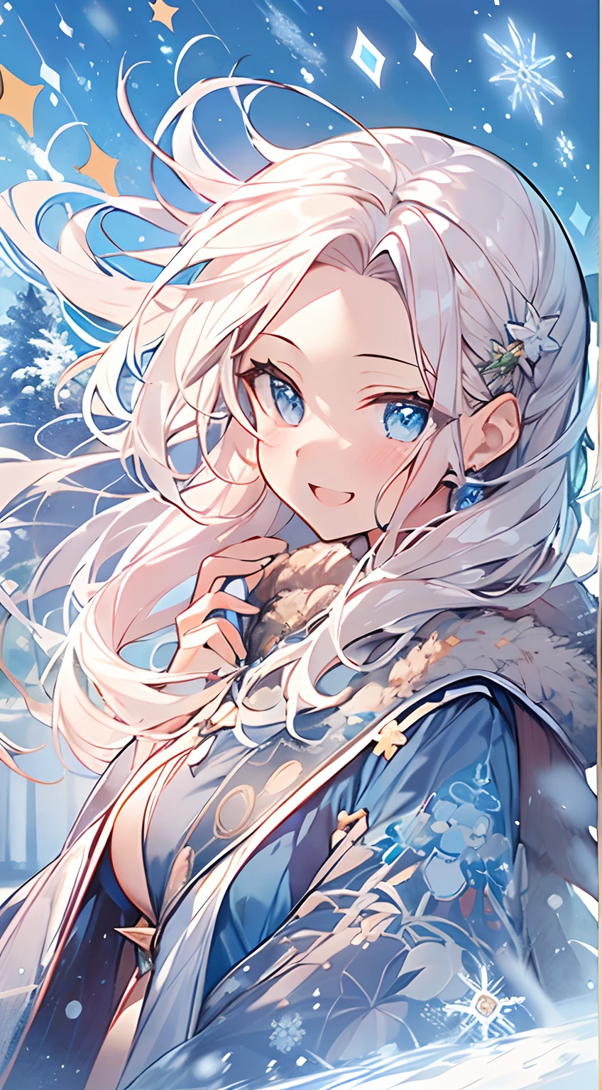 masutepiece, Best Quality,Illustration, Wallpaper, ultra -detail, Absurd beauty, 1beautiful girl、Bright hair color、Glitter and big eyes、Hair fluttering in the wind、ample breasts、♡、Smaller head、Winter scene、miscievous smile、bustup