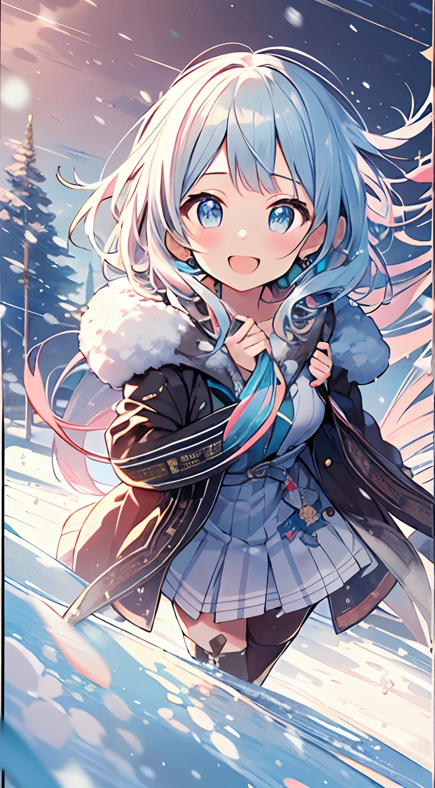 masutepiece, Best Quality,Illustration, Wallpaper, ultra -detail, Absurd beauty, 1beautiful girl、Bright hair color、Glitter and big eyes、Hair fluttering in the wind、ample breasts、♡、Smaller head、Winter scene、miscievous smile、bustup