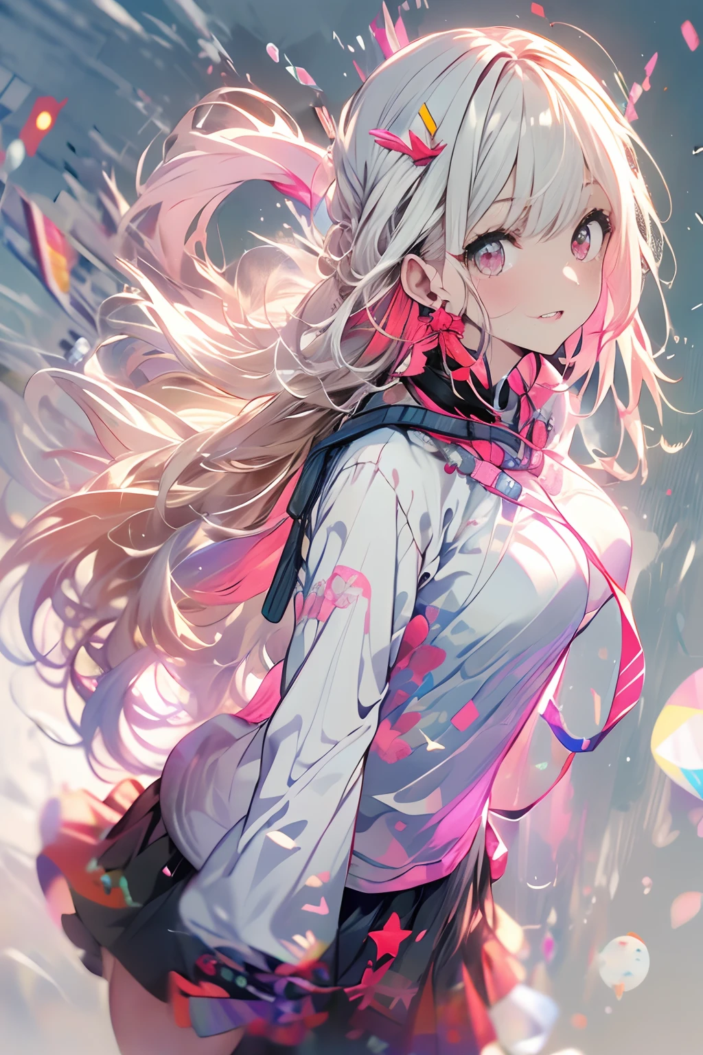 (((masterpiece)))、(((top-quality)))、((ultra-detailliert))、(illustratio)、((extremely delicate and beautiful))、Bright smile、floating、(Detailed light) (1girl in)、、独奏、The long-haired、The wind is blowing、A WORLD、(cute eye)、Realistic, ultra-detailliert, (Shiny skin, full of sweat:1.4), Looking at Viewer, slender, Solo, Miniskirt, Long hair, White hair, Red Eyes, (thick thighs:0.5), Dynamic lighting, High resolution, Sharp Focus, depth of fields, medium breasts, masutepiece, Best Quality, Ultra-detailed, Illustration, Ultra-detailed face, best quality face, Adult, 1girl in, 18 years old, Adult, intricate detailed outfit, Sexy Pose, Glowing red dress, Cute, kawaii, Digital Art, finely detailed eyes, Blushing, Red cheeks, Realistic, Glowing eyes, Fluffy jumper, Skirt, Parted lips, blush, Night, Cute, kawaii, Digital Art, finely detailed eyes, Embarrassed expression, long_hair, Blushing, Moon, Star_\(skyporn\), starrysky_skyporn, full_Moon, Photorealistic, Asian, Woman, mix4,Lots lined up,