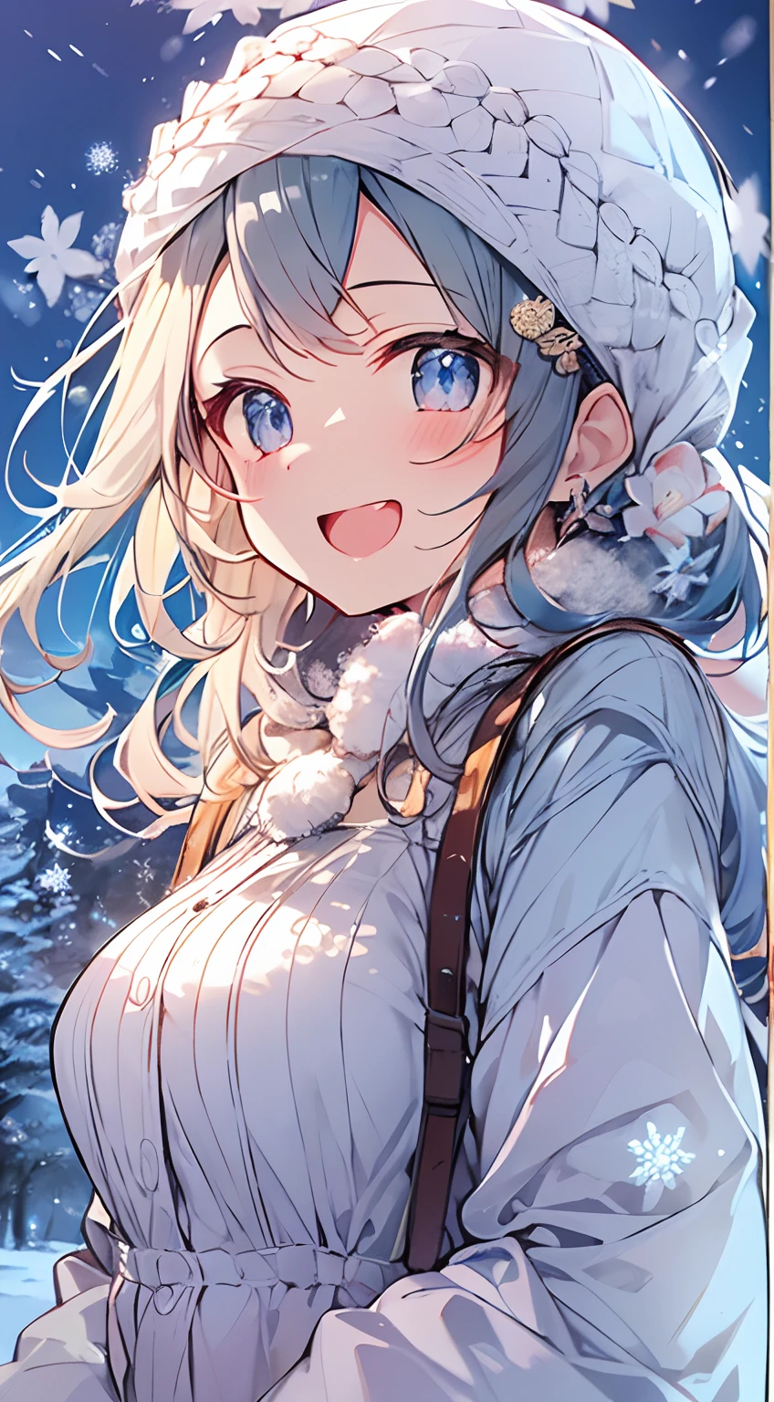 masutepiece, Best Quality,Illustration, Wallpaper, ultra -detail, Absurd beauty, 1beautiful girl、Bright hair color、Glitter and big eyes、Hair fluttering in the wind、ample breasts、♡、Smaller head、Winter scene、miscievous smile、bustup