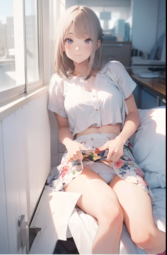 ultra-quality, ultla highres, Hyper Detailed, High contrast, superfine illustration, creative refinement, ssmile,White panties, Show panties, Floral skirt