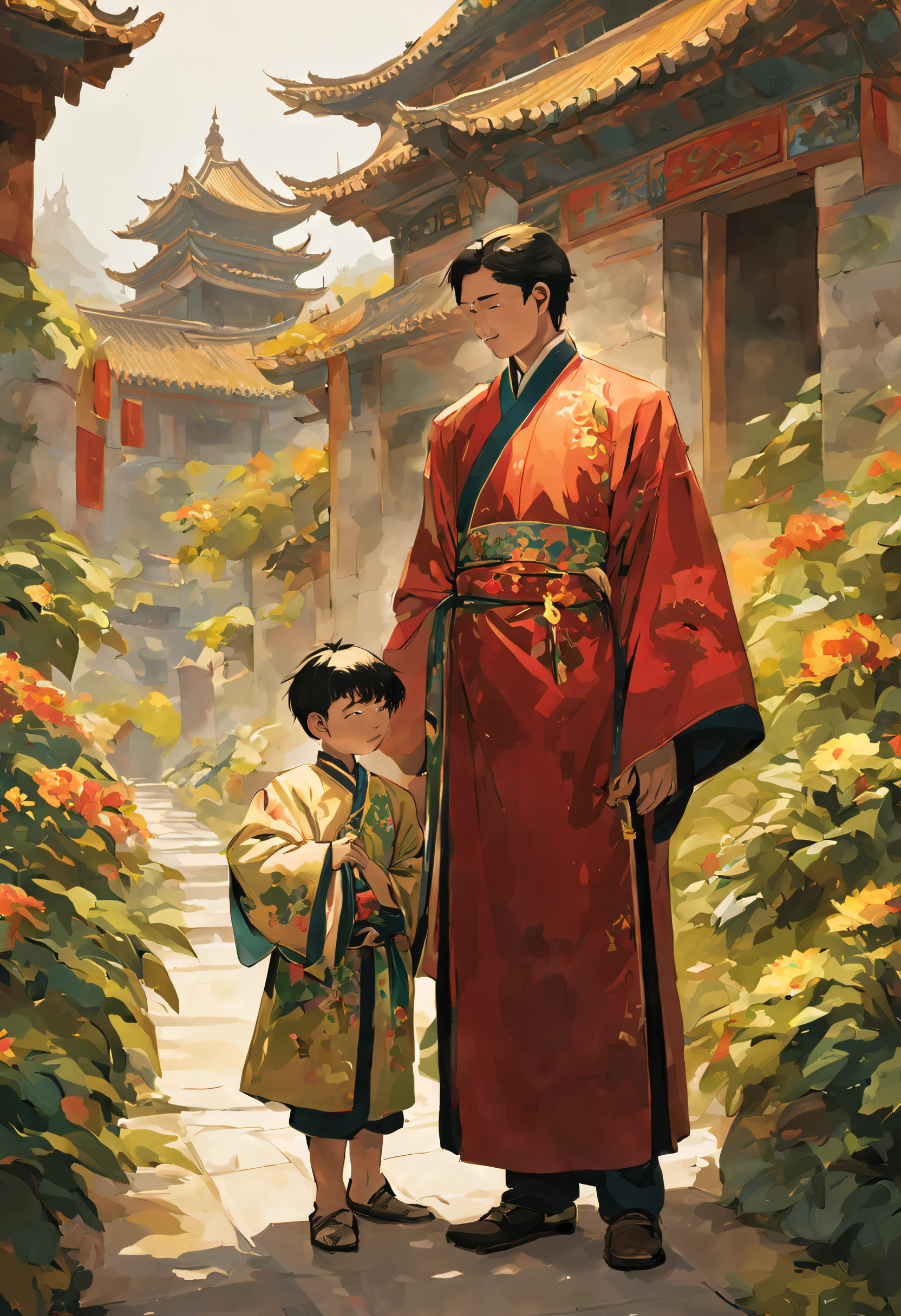 Chinese male child, cabelo curto com vestes tradicionais, next to a tall Chinese man in traditional robes, next to a Chinese castle with many flowers and plants