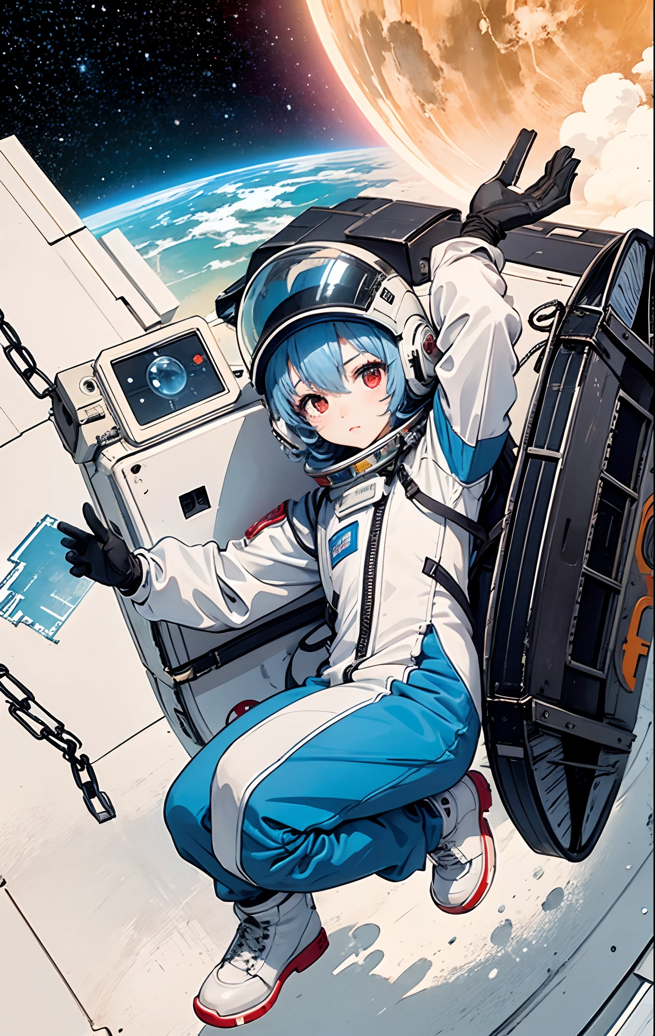 1girl in, flat breast, cute little, beatiful detailed eyes, Shiny light blue hair, USA Poster,  red eyes, girl with,tiny chest,space suits:orange_Clothing_Body:Jumpsuit), white_gloves, white_Space Boots, white_helmets, American scarlet letters on the top of the helmet, weightless, side lights, Reflectors、A person in a spacesuit is in the lower left corner of the photo.、Extend your right hand、The right hand gently touches the Salyut space station)、Space station in the upper right corner of the screen、Reflected light from the sun、Silvery metal、red flag、brilliance、Soviet style、diffuse reflection、metal texture、Far Blue Earth、 Mecha style、Starsea、High Profile、An majestic