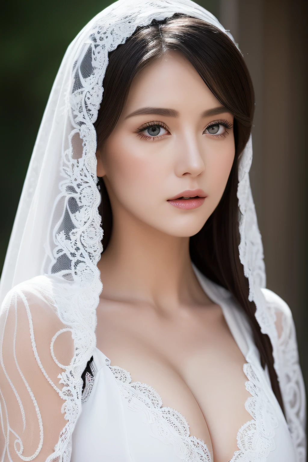 top-quality,Beautiful detailed nun,Bewitching face,Caucasian model,a blond,long lashes,Wearing a long black lace dress,Hide your mouth with a lace cloth,Detailed details,Colossal tits,With cleavage,stares at the camera、palatial palace