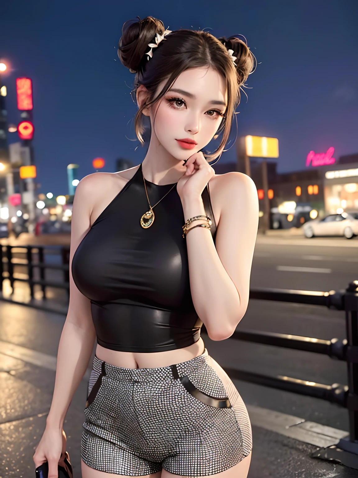(best quality,4k,8k,highres,masterpiece:1.2),ultra-detailed,(realistic,photorealistic,photo-realistic:1.37),women,brown hair,hair buns,double bun,bow hair,super stylish,city,beautiful makeup,beautiful women,small breast,portraits,vivid colors,women in a bustling city,glamorous shiny hair,sophisticated double buns,bow hair accessories,fashion-forward,flawless makeup, monochrome and vibrant outfit,confident posture,stylish city background,uniquely fashionable,attention-grabbing appearance,city lights shining,modern and trendy style,confident gaze of the women,urban fashion, short pants, tshirts,fashionable accessories,cityscape as a backdrop,gorgeous brunettes,stunning beauty of the women,urban chic,lively atmosphere,city hustle and bustle,modern lifestyle,stylish and elegant attire,graceful and poised demeanour,bright and energetic color palette,fashion-forward statement piece,high-fashion hair accessories,sophistication and glamour,contemporary urban scene