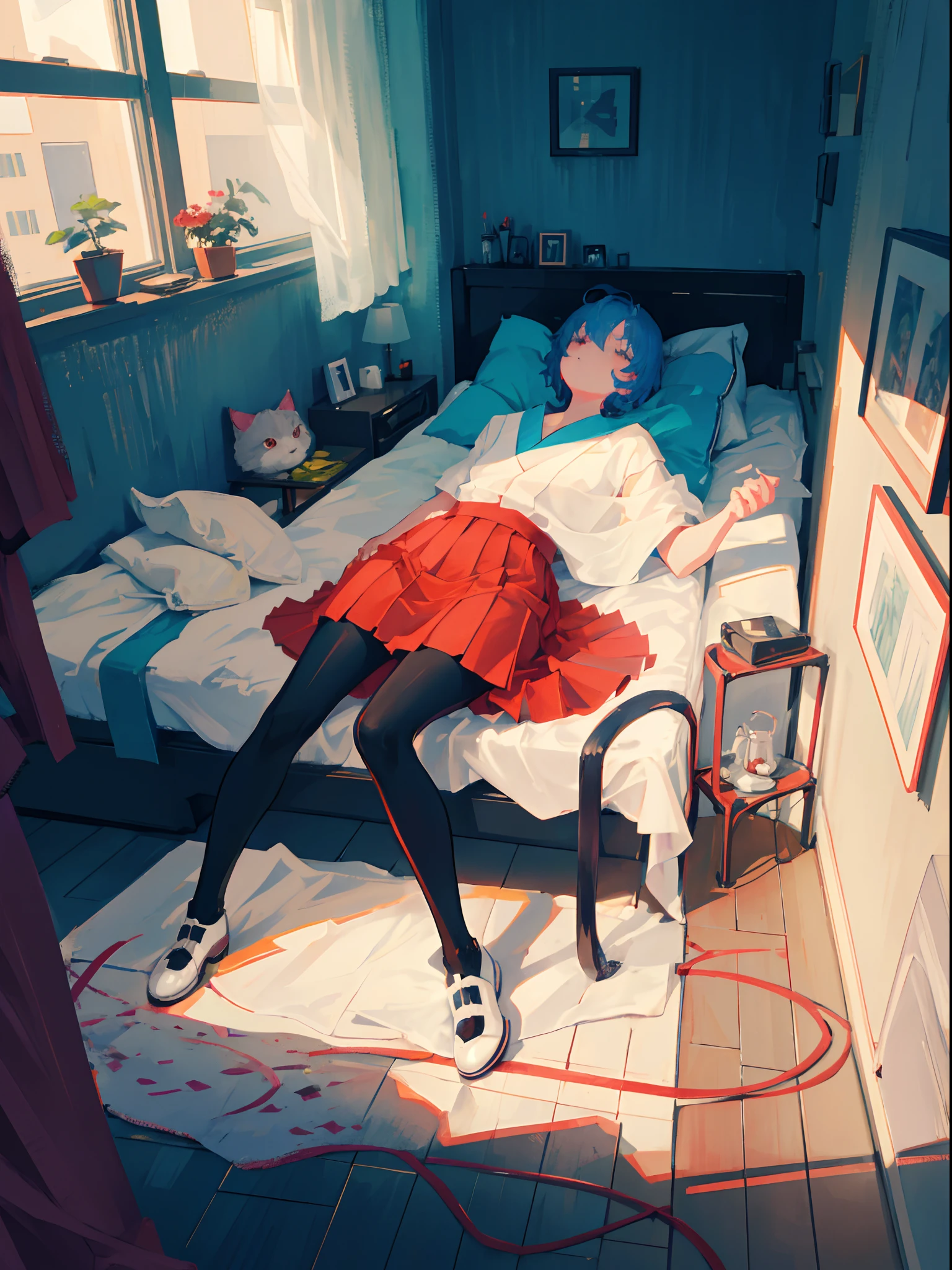 1girl, short blue hair, red eyes, wearing white japanese uniform, red chess texture skirt, leather high heel shoes boots, black stockings, she's getting out from her room desperately, she's on the right side of the screen, she is messed up, high view angle, she's trying to put on shoes without seeing, in the background we can see her room, it contains a bed, a computer turned on, a window behind the computer and a closet, above the bed there's a cat, it is sleeping, show almost the whole body, she's look concerned(facial exprecion), she's with a toast in her mouth, oil pastel painting,she is near the door, absurdres, high res, ultrasharp, 8K, masterpiece, full details, artstation, sun rising, the view is from above, good composition, looking at viewer