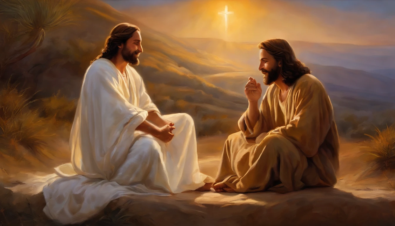 Jesus and Nicodemus,smiling Jesus,gentle smile on Nicodemus,peaceful atmosphere,holy light,religious painting,colorful robes,night scene,deep conversation,wisdom and guidance,brotherhood and understanding,traditional painting techniques,symbolic elements,sacredness,God's love,faith and salvation,transcendent beauty,classic art style,contrasting colors,dramatic shadows,impressive details,expressive brushstrokes,powerful emotions,reverent composition,inspirational artwork.