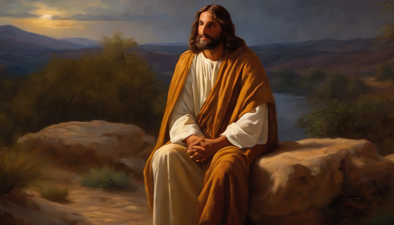 Jesus and Nicodemus,smiling Jesus,gentle smile on Nicodemus,peaceful atmosphere,holy light,religious painting,colorful robes,night scene,deep conversation,wisdom and guidance,brotherhood and understanding,traditional painting techniques,symbolic elements,sacredness,God's love,faith and salvation,transcendent beauty,classic art style,contrasting colors,dramatic shadows,impressive details,expressive brushstrokes,powerful emotions,reverent composition,inspirational artwork.