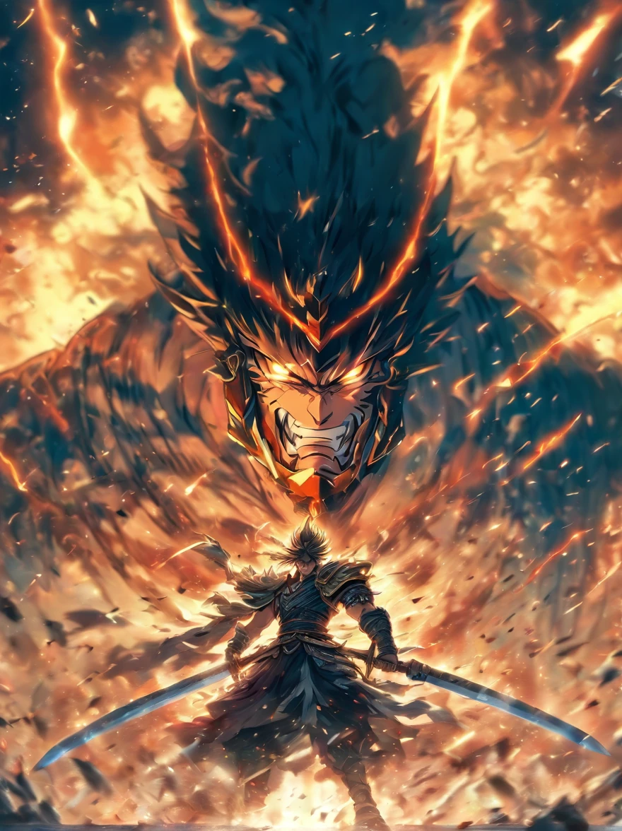 illustration warrior holding giant sword, atacando com espada colossal