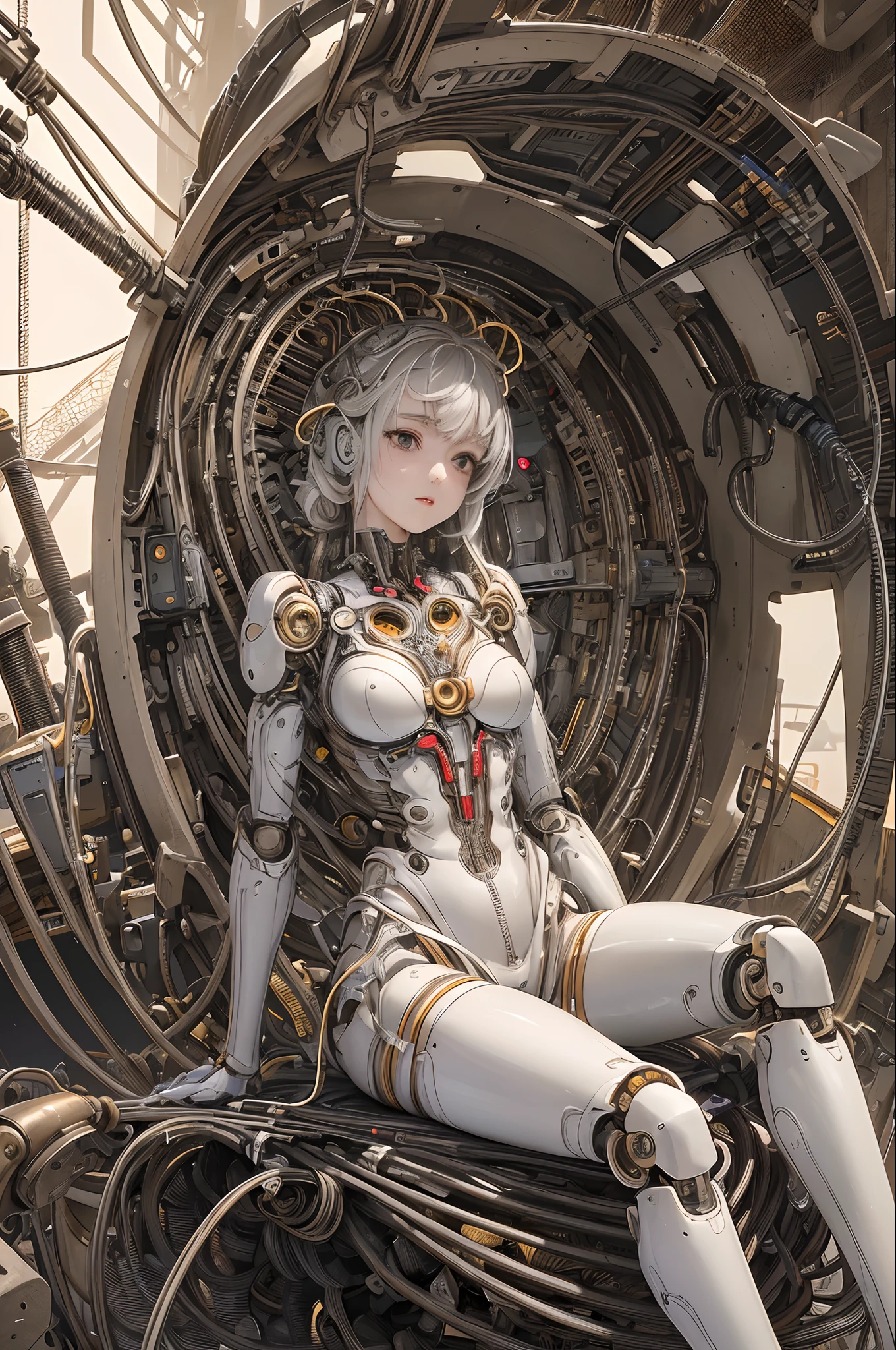 (((masterpiece))), (((best quality))), ((ultra-detailed)), (highly detailed CG illustration), ((an extremely delicate and beautiful)),(cute delicate face),cinematic light,((1mechanical girl)),solo,full body,(machine made joints:1.4),((machanical limbs)),(blood vessels connected to tubes),((mechanical vertebra attaching to back)),((mechanical cervial attaching to neck)),((sitting)),expressionless,(wires and cables attaching to head and body:1.5),(character focus),science fiction