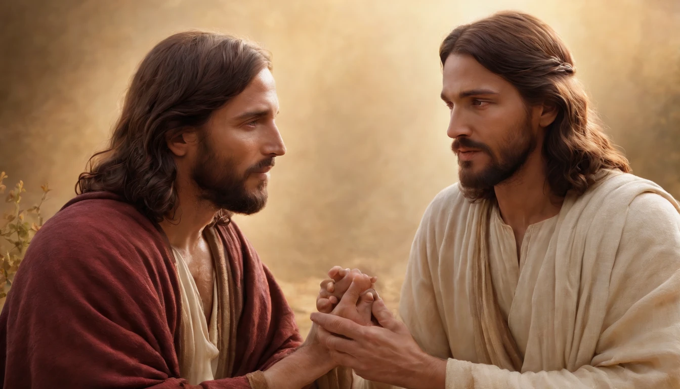 A portrait of Jesus and Nicodemus in an ancient setting, showcasing their deep conversation and spiritual connection. The scene is filled with dramatic lighting, casting long shadows and illuminating their faces. Jesus is depicted with beautiful, detailed eyes and face, exuding compassion and wisdom. Nicodemus is shown with a mix of curiosity and reverence, captivated by Jesus' teachings. The painting is created using realistic oil painting techniques, capturing intricate details and textures. The colors are vibrant and vivid, adding life and depth to the scene. The overall quality of the image is of the highest standard, with ultra-detailed rendering and a sharp focus on the characters. The artwork embodies a portrait style, highlighting the profound interactions between Jesus and Nicodemus. The warm color tone enhances the spiritual atmosphere, evoking a sense of peace and tranquility. The lighting emphasizes the importance of the conversation, creating a captivating visual narrative.