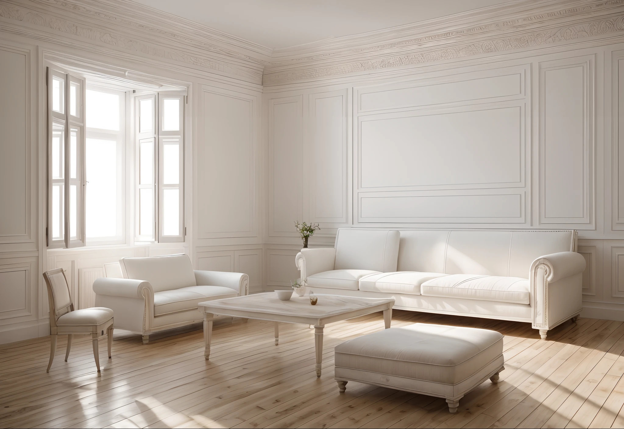 RAW photo,Masterpiece, high quality, best quality, authentic, super detail, interior,white wall, window, wooden floor, Neoclassic style, Realistic reflexes,realistic light , vray