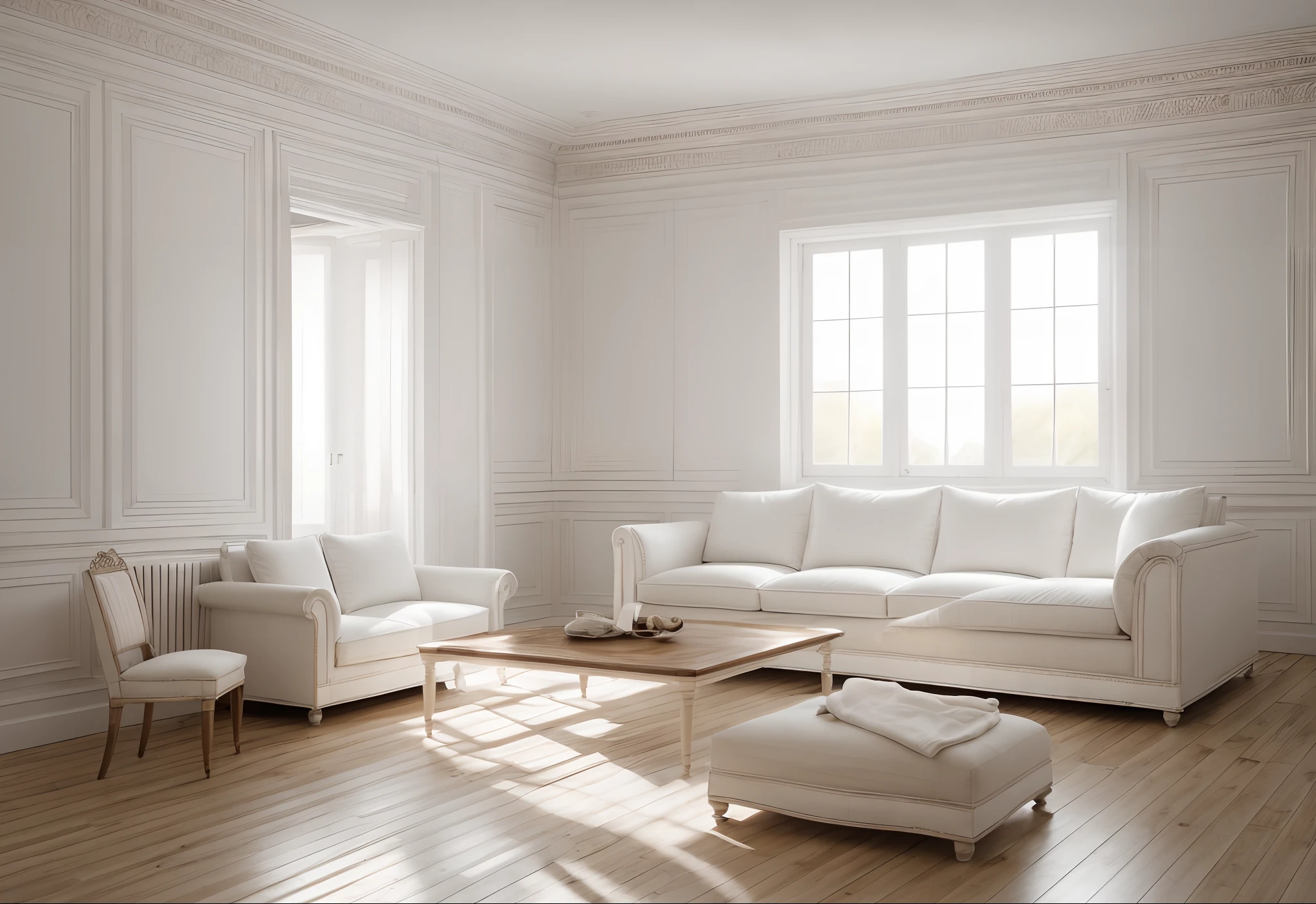 RAW photo,Masterpiece, high quality, best quality, authentic, super detail, interior,white wall, window, wooden floor, Neoclassic style, Realistic reflexes,realistic light , vray