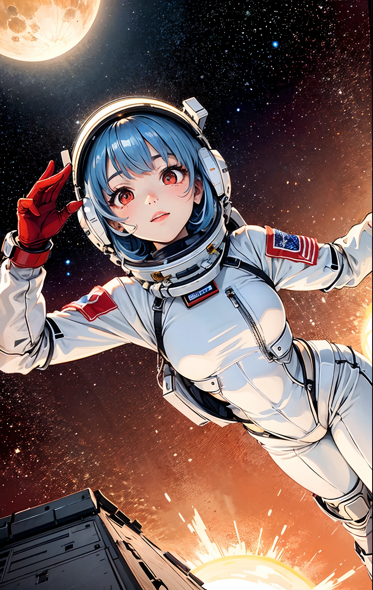 1girl in, flat breast, cute little, beatiful detailed eyes, Shiny light blue hair, USA Poster, red eyes, girl with,tiny chest,space suits:orange_Clothing_Body:Jumpsuit), white_gloves, white_Space Boots, white_helmets, American scarlet letters on the top of the helmet, weightless, side lights, Reflectors、A person in a spacesuit is in the lower left corner of the photo.、Extend your right hand、The right hand gently touches the Salyut space station)、Space station in the upper right corner of the screen、Reflected light from the sun、Silvery metal、red flag、brilliance、Soviet style、diffuse reflection、metal texture、Far Blue Earth、 Mecha style、Starsea、High Profile、An majestic