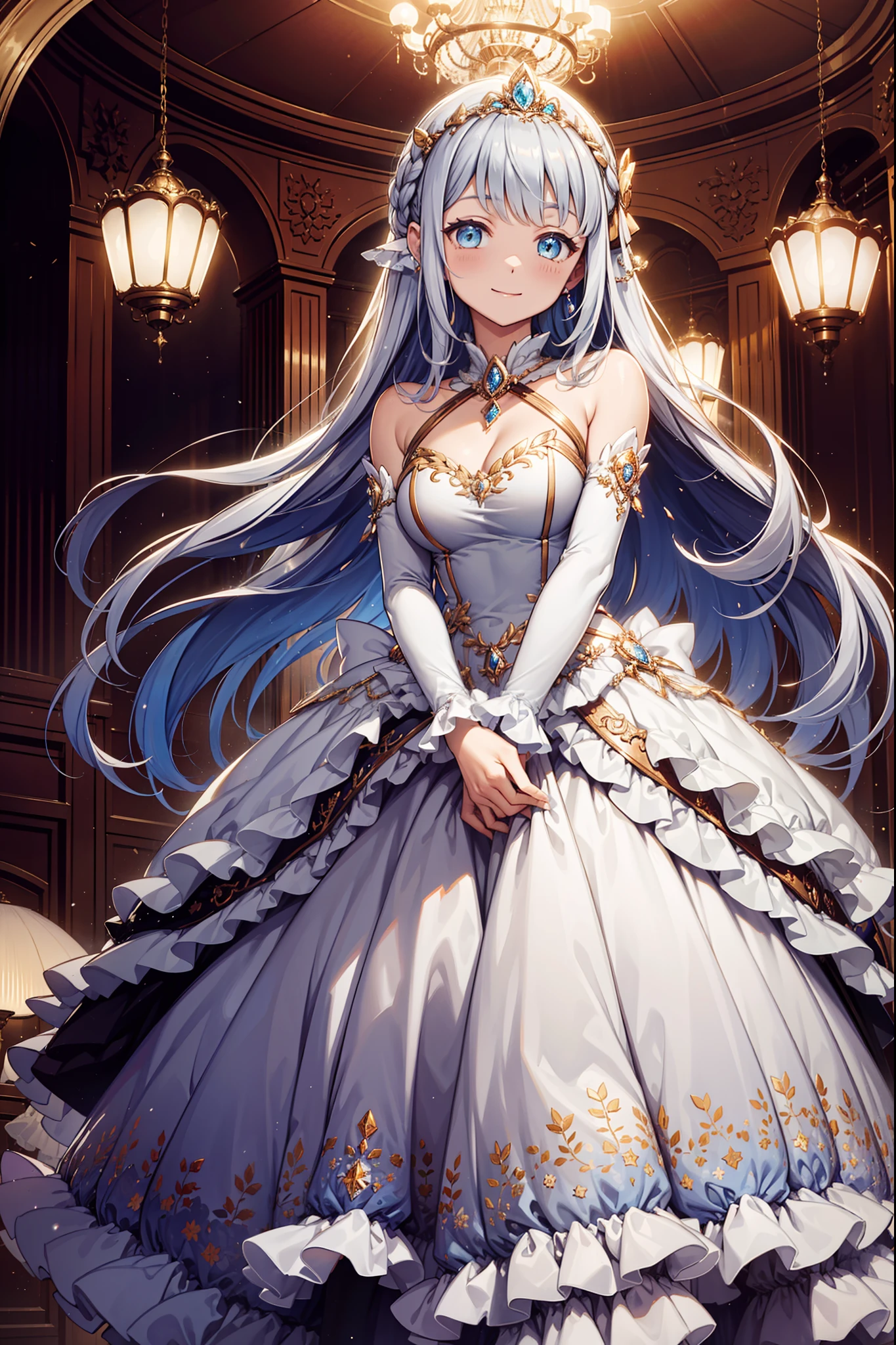 Dramatic composition，Court-style dress，royal，a gorgeous，Layers of frills，The best princess，Ruffles，Bow knot，Crystal chandeliers，Ponet cap，Maximalism，Palatial background，Carefully depicted hair and eyes，Princess dress，Gorgeous dress，ssmile，Starry eyes，cinematric light，extreme hight detail，High- sharpness，Happy girl，Very long hair，Diamond，pearls，Broken diamonds，Crystal Shard，light particules