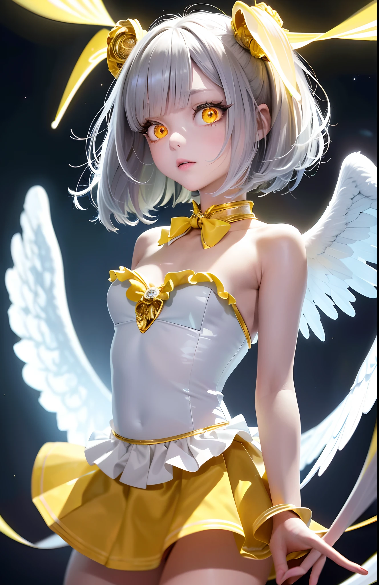 Best, Masterpiece, High Resolution, Best Quality, Ultra HD, Super Detail, Award-Standing, 16k, Solo, (Upper Body), Anatomically Correct, Beautiful angel Maiden, Cute Face, Highlights, Gradient short silver Hair, Hair Strands, (((Glowing yellow eyes))), Long Eyelashes, Hanging Eye Corners, Fair Skin, (Small), (Slim Body), ((skirt)), (Ribbon collar)