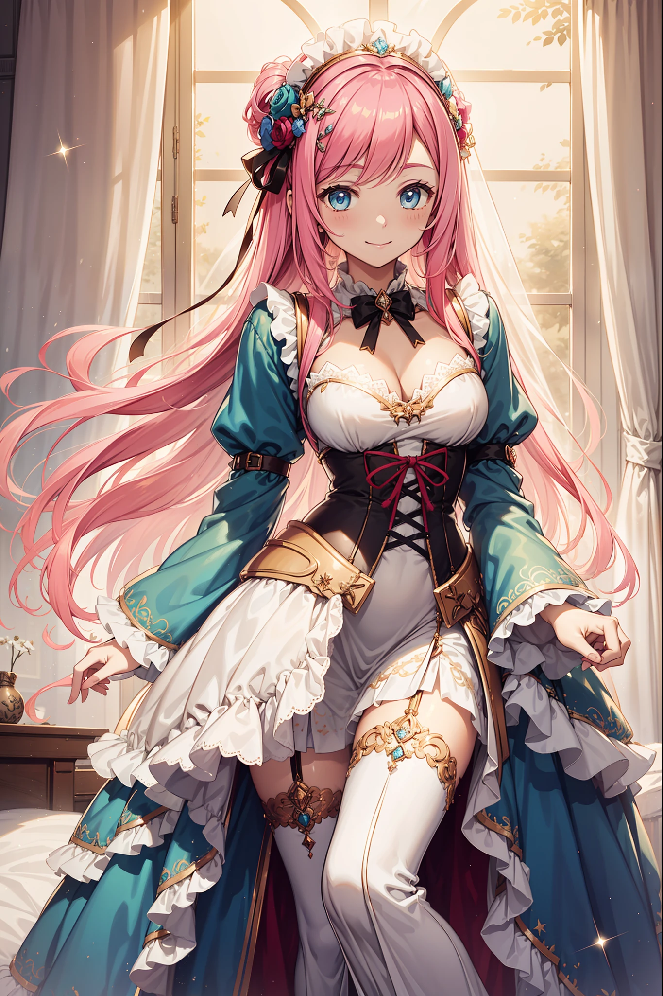 (best quality, high resolution, Textured Skin, high quality, High Detail,Extremely detailed CG Unity),Teenage Girl,obsessed,Divine happiness,in love,(Swimwear and Kimono:1.2),Pink Hair,blue eyes,(Fabric headdress minimalism,Multi-layer delicate ruffles,lots of lace,Multi-color cloth,Exquisite embroidery,Exquisite patterns,Fabric headdress,Exquisite clothing,See through transparent clothes,bedroom,night,(Dazzle:1.2),light,The only one,The skirt flutters,Carved garter stockings,happy