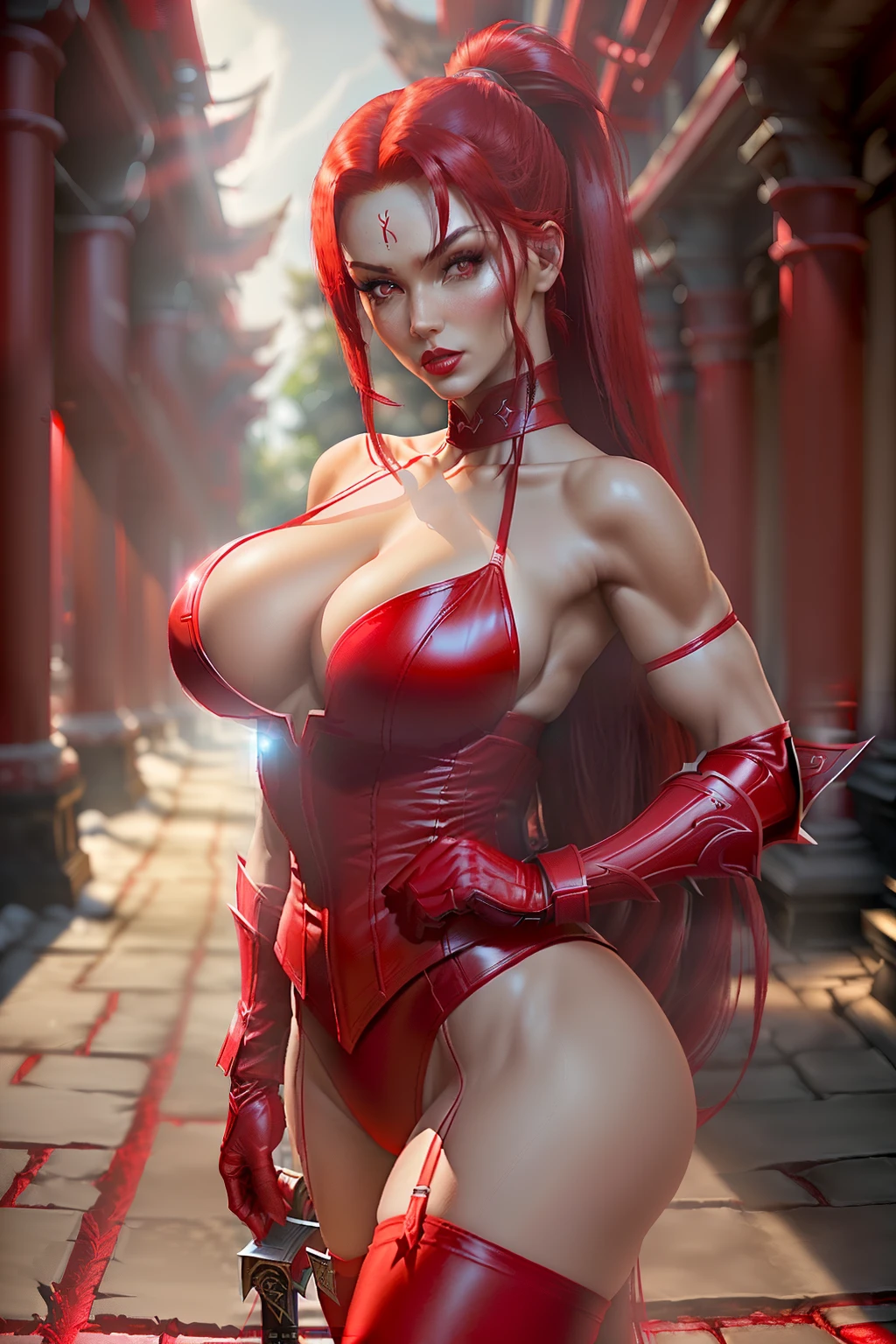 ((Scarlet from mortal kombat series))(she has big glowing eyes)(red lips) (long straight red hair)(tanned skin)((very huge breasts)) (perfect slim body) (she wears red outfit, long red gloves long red stockings) (hold on hand small katana) (she is outside a dark temple) (high definition, volumetric lights and dinamic shadows)((masterpiece))(8k)(perfect face)(ultra details) (perfect hands, eyes, and face)
