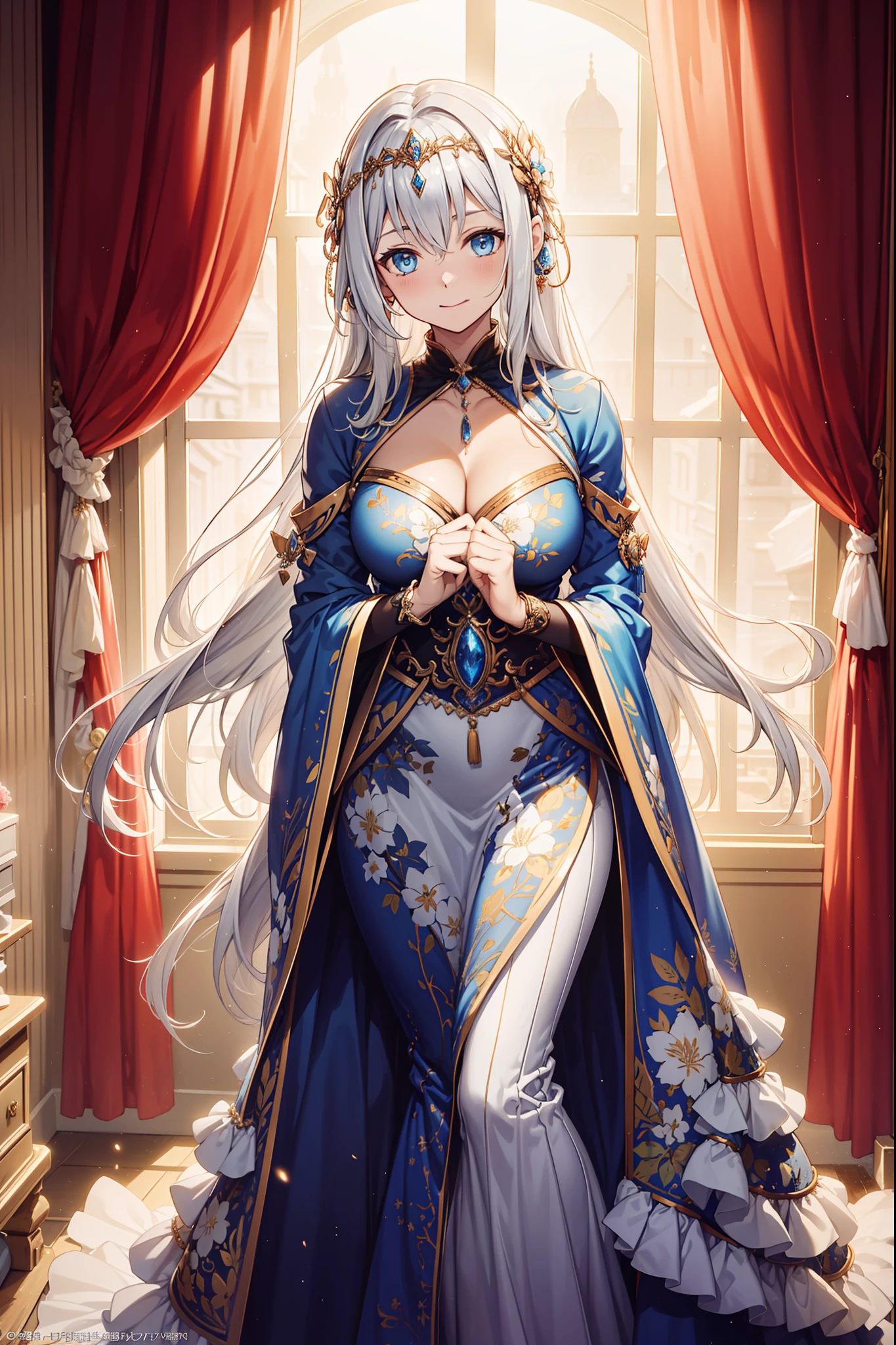 saints,Enchanted,having fun,Being in love,Court princess dress,super ultra detail,silber hair,eBlue eyes,(exquisite costumes:1.3),Movie lighting,dark blue stripes,Ruffles,Lace,jewelry,Floral decoration,Fabric and metal headdress,inside in room,solo person,