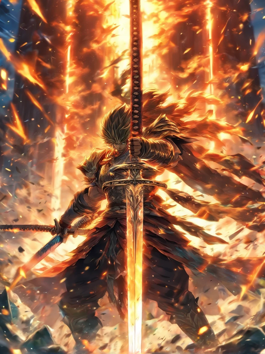 Illustration: legendary warrior holding giant sword, atacando com espada enorme