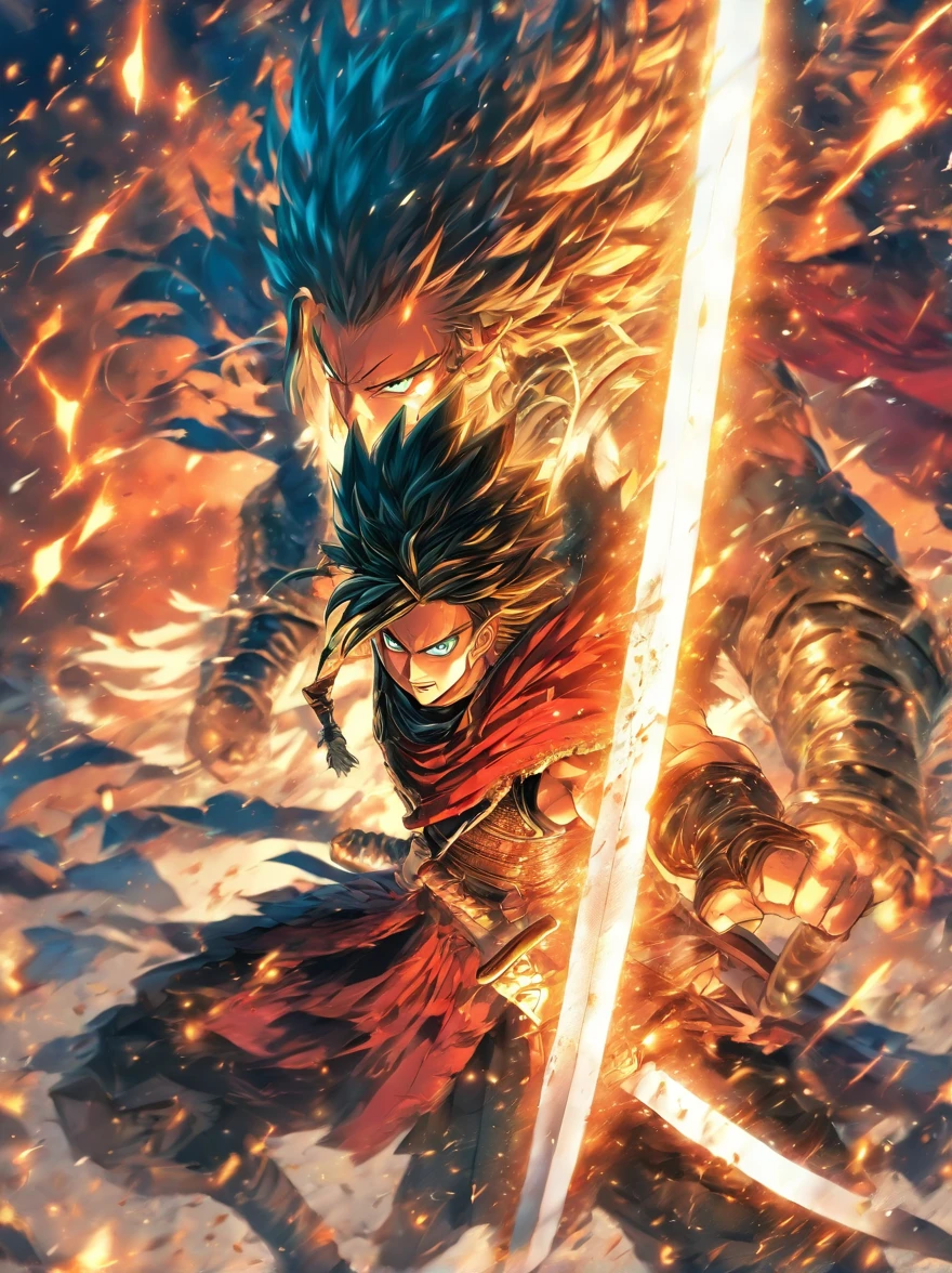 Illustration: legendary warrior holding giant sword, atacando com espada enorme