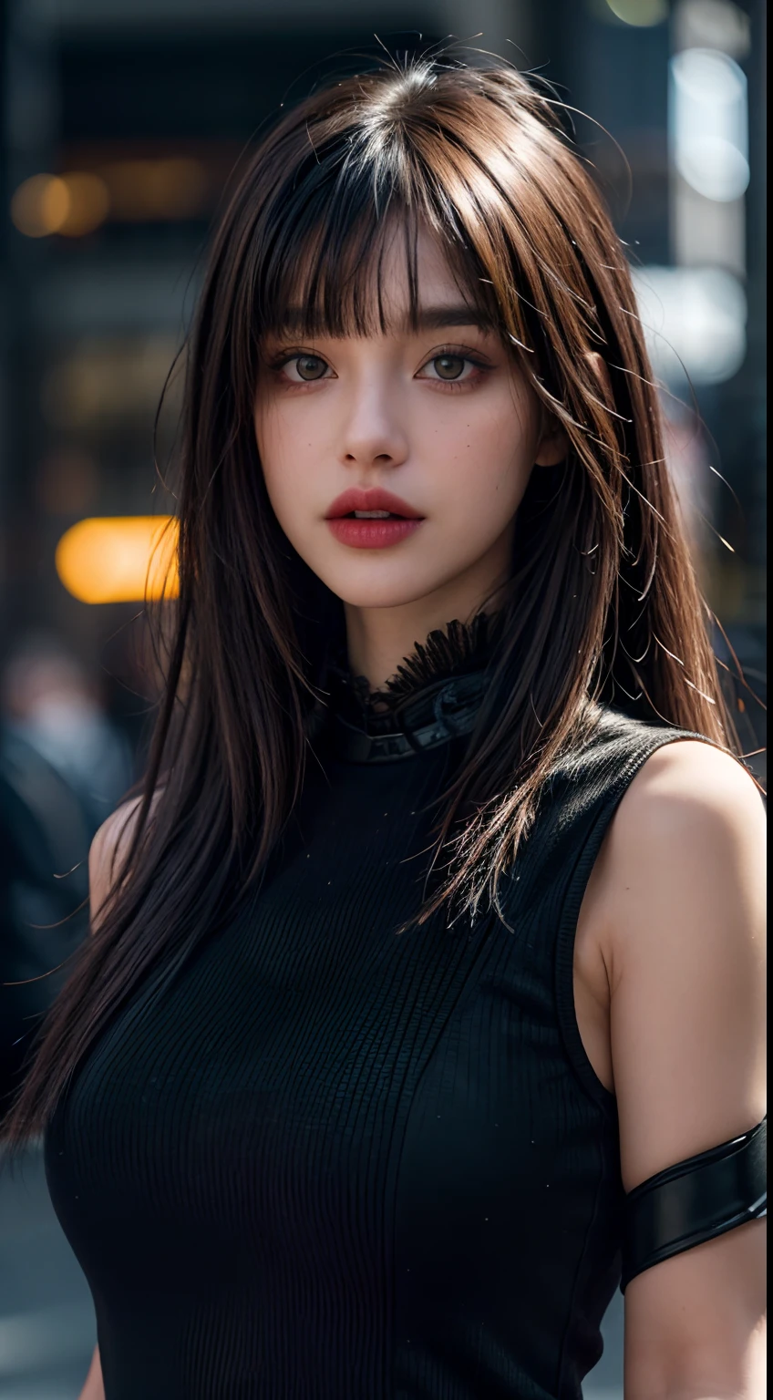 superb rendering, 8k, Masterpiece, Ultra Quality, Beauty: 1.2, Professional Illustration: 1.1, Ultra Detail: 1.3, Ultra Lighting, Highly Detailed, (dark light details) 1girl, 
 Goth_punk
heterochromia with Red Eyes and Yellow Eyes, black long hair with bangs, bangs, midshot, centered image, ultra detail, extremely face detail, extremely eye detail