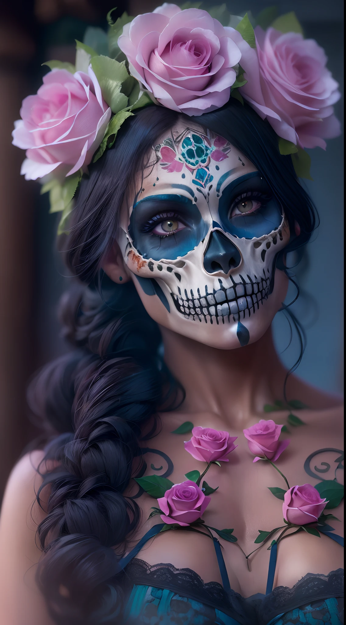 motor irreal:1.4,UHD,La mejor calidad:1.4, fotorrealista:1.4, textura de la piel:1.4, obra maestra:1.8,Beautiful Woman with Pink Day Sugar Skull Death Makeup, lindo,Day of the Dead Mexico,(Skull Cemetery Fund:1.4),( detailed:1.4),( cabello largo azul:1.4),(manos:1.5),(vestido corto negro:1.4), (corona de rosas:1.4),catrina:1.4,8k, 。...............................3D, realista, Ultra Micro Photography, of the highest quality, Super detalle CG Unity 8k,Cara perfecta,(manos:1.4)