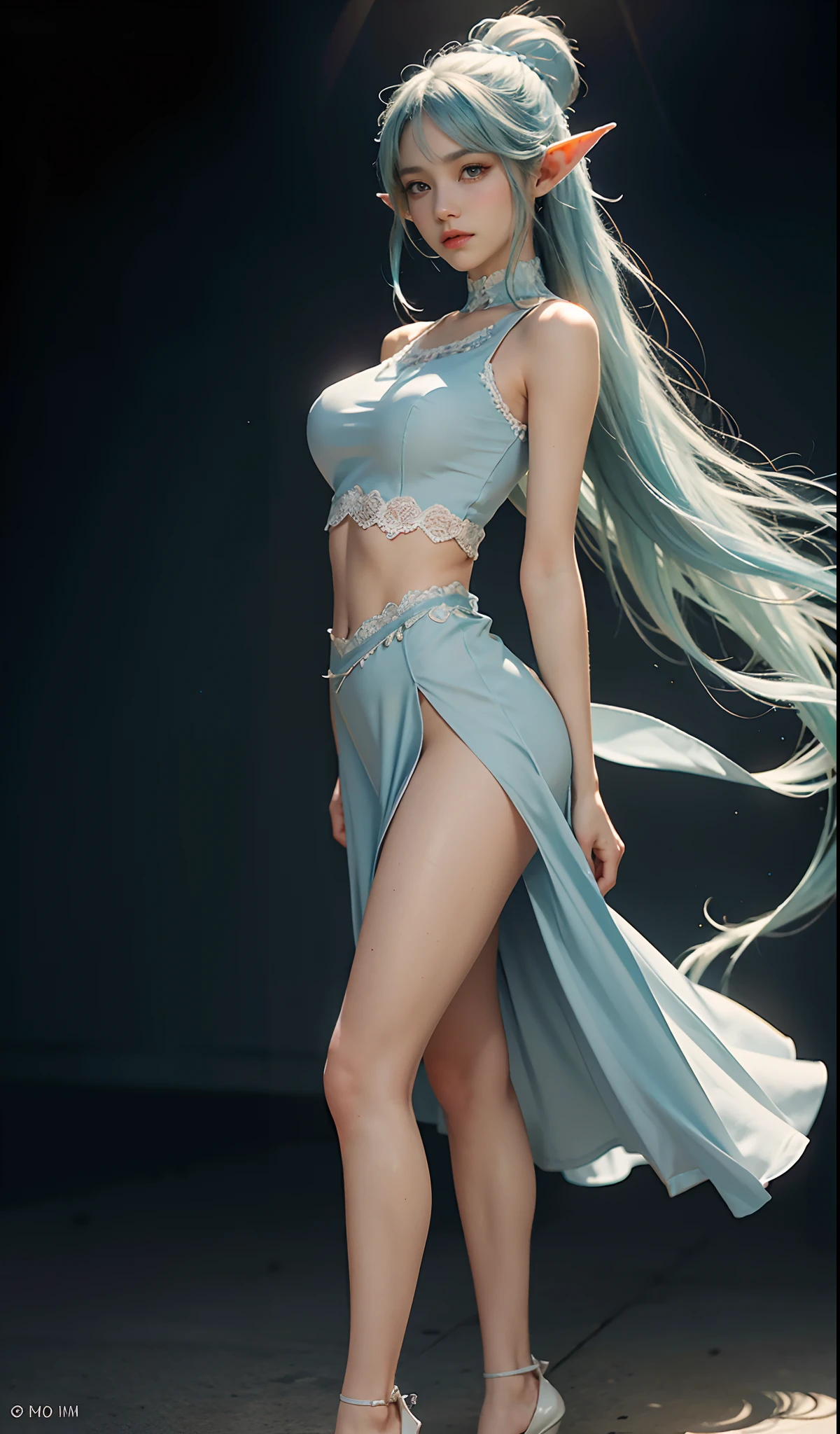 （Extremely normal body：2.0）Gorgeous stage：1 Elf beauty，White crop top top，(Elf long ears)，Light blue ultra-short hair，A bun，Blue-lace-trimmed maxi dress)，Long blue dress，Skirt that reaches the feet，White short stockings，Mary Jane low heels，two longer legs，Normal feet ， very detailed eyes and faces， Sharp pupils， realistic pupil， tack sharp focus， cinmatic lighting，full bodyesbian，Bigboobs，long leges，From the front side，dynamicposes，Normal posture，closeup of face