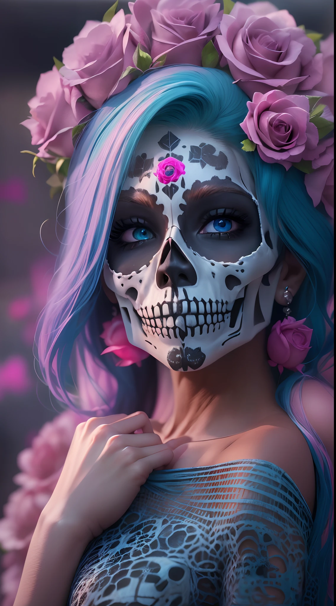 motor irreal:1.4,UHD,La mejor calidad:1.4, fotorrealista:1.4, textura de la piel:1.4, obra maestra:1.8,Beautiful Woman with Pink Day Sugar Skull Death Makeup, lindo,Day of the Dead Mexico,(Skull Cemetery Fund:1.4),( detailed:1.4),( cabello largo azul:1.4),(manos:1.5),(vestido corto negro:1.4), (corona de rosas:1.4),catrina:1.4,8k, 。...............................3D, realista, Ultra Micro Photography, of the highest quality, Super detalle CG Unity 8k,Cara perfecta,(manos:1.4)