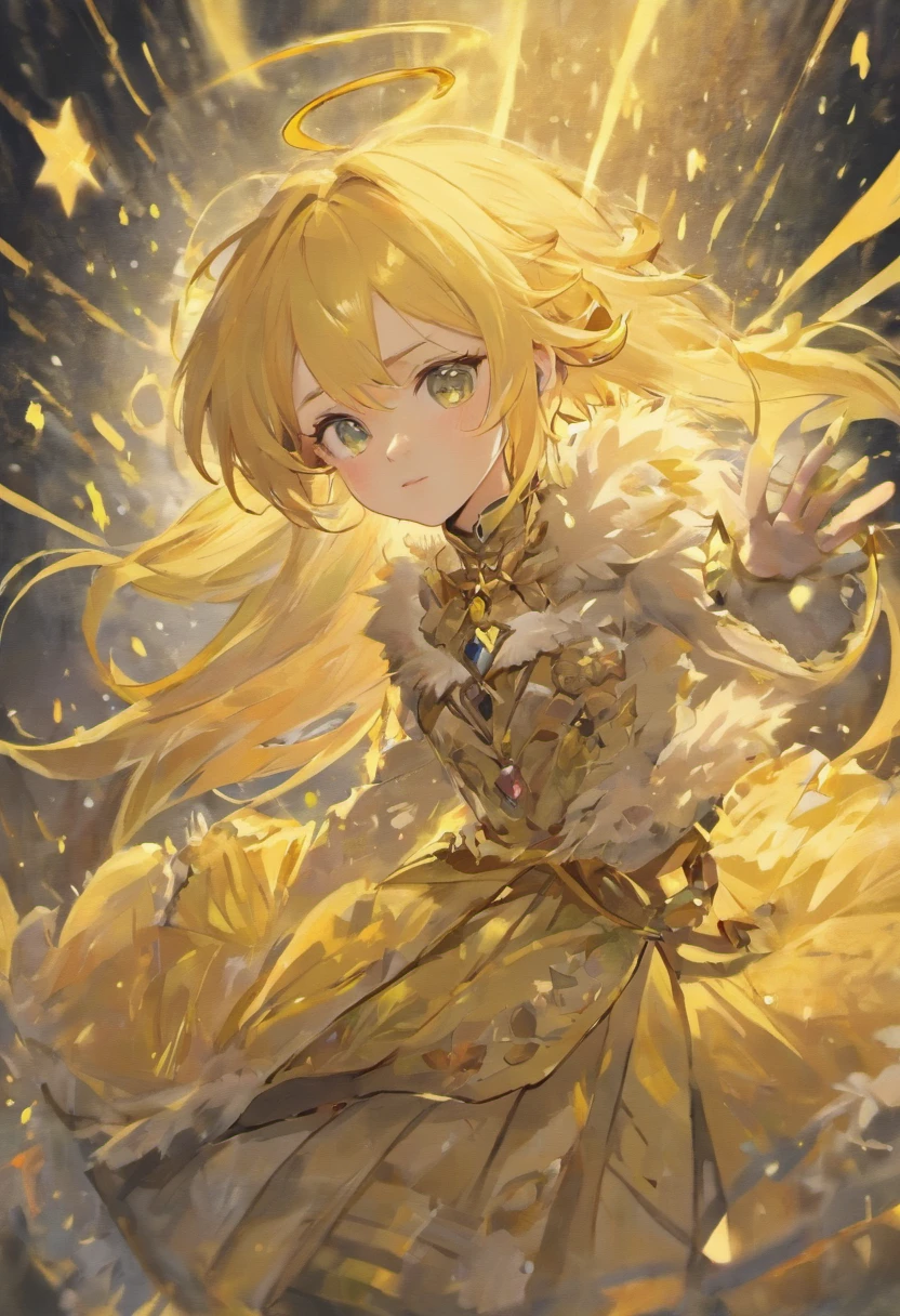 Young woman，Yellow hair, fluffy clothes and fluffy hat, fantasy character art, Awesome character art, Epic fantasy character art, hd fantasy art, epic exquisite  character art, Realistic fantasy artwork, Fantasy Woman, Epic fantasy art style HD, fantasy character, digital fantasy art), fantasy style art, detailed fantasy art, high quality fantasy art, fantasyoutfit, Digital 2D fantasy art