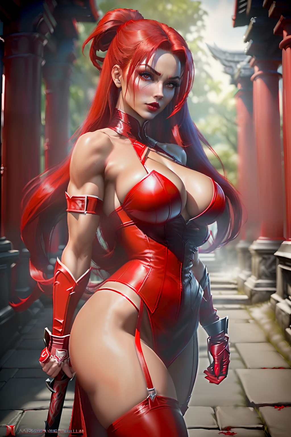 ((Scarlet from mortal kombat series))(she has big glowing eyes)(red lips) (long straight red hair)(tanned skin)((very huge breasts)) (perfect slim body) (she wears red outfit, long red gloves long red stockings) (hold on hand small katana) (she is outside a dark temple) (high definition, volumetric lights and dinamic shadows)((masterpiece))(8k)(perfect face)(ultra details) (perfect hands, eyes, and face)