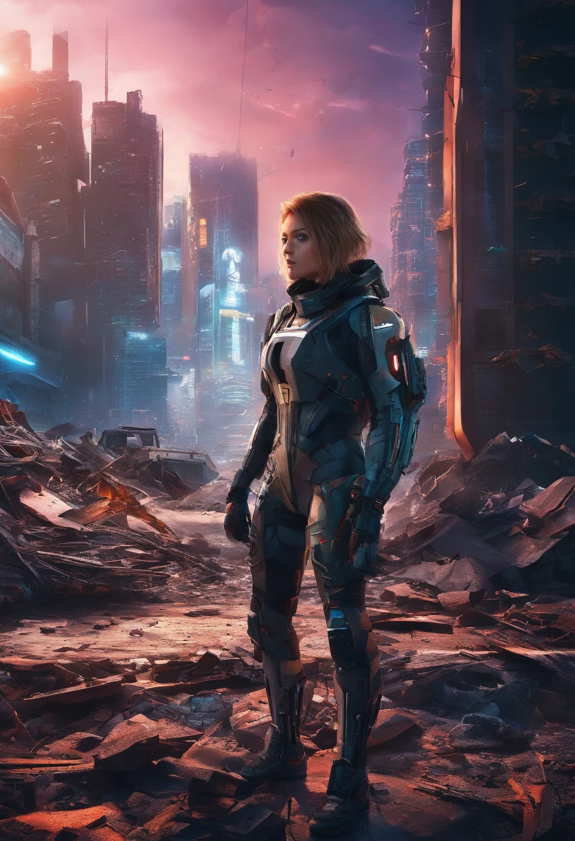 best quality,4k,8k,highres,masterpiece:1.2,ultra-detailed,realistic,photorealistic:1.37,power suit,ruined future city,dystopia,red power suit:1.1,angry expression,18-year-old,180 cm tall,heavy armed,beautiful girl,abandoned buildings,debris,crumbling infrastructure,advanced technology,glowing symbols,post-apocalyptic atmosphere,HDR,UHD,studio lighting,sharp focus,physically-based rendering,extreme detail description,professional,vivid colors,bokeh,dark color palette,intense shadows,dramatic lighting