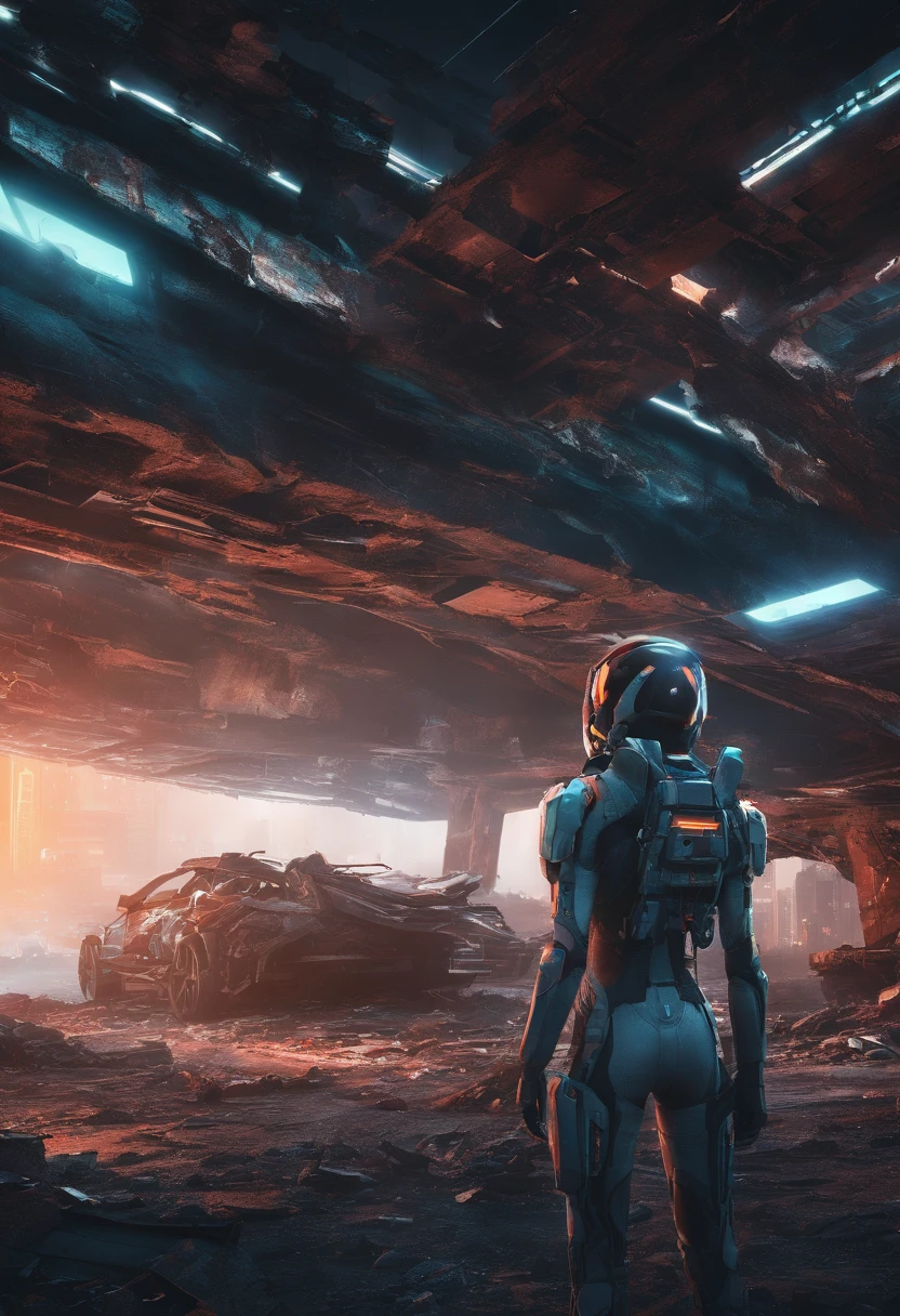 best quality,4k,8k,highres,masterpiece:1.2,ultra-detailed,realistic,photorealistic:1.37,power suit,ruined future city,dystopia,red power suit:1.1,angry expression,18-year-old,180 cm tall,heavy armed,beautiful girl,abandoned buildings,debris,crumbling infrastructure,advanced technology,glowing symbols,post-apocalyptic atmosphere,HDR,UHD,studio lighting,sharp focus,physically-based rendering,extreme detail description,professional,vivid colors,bokeh,dark color palette,intense shadows,dramatic lighting